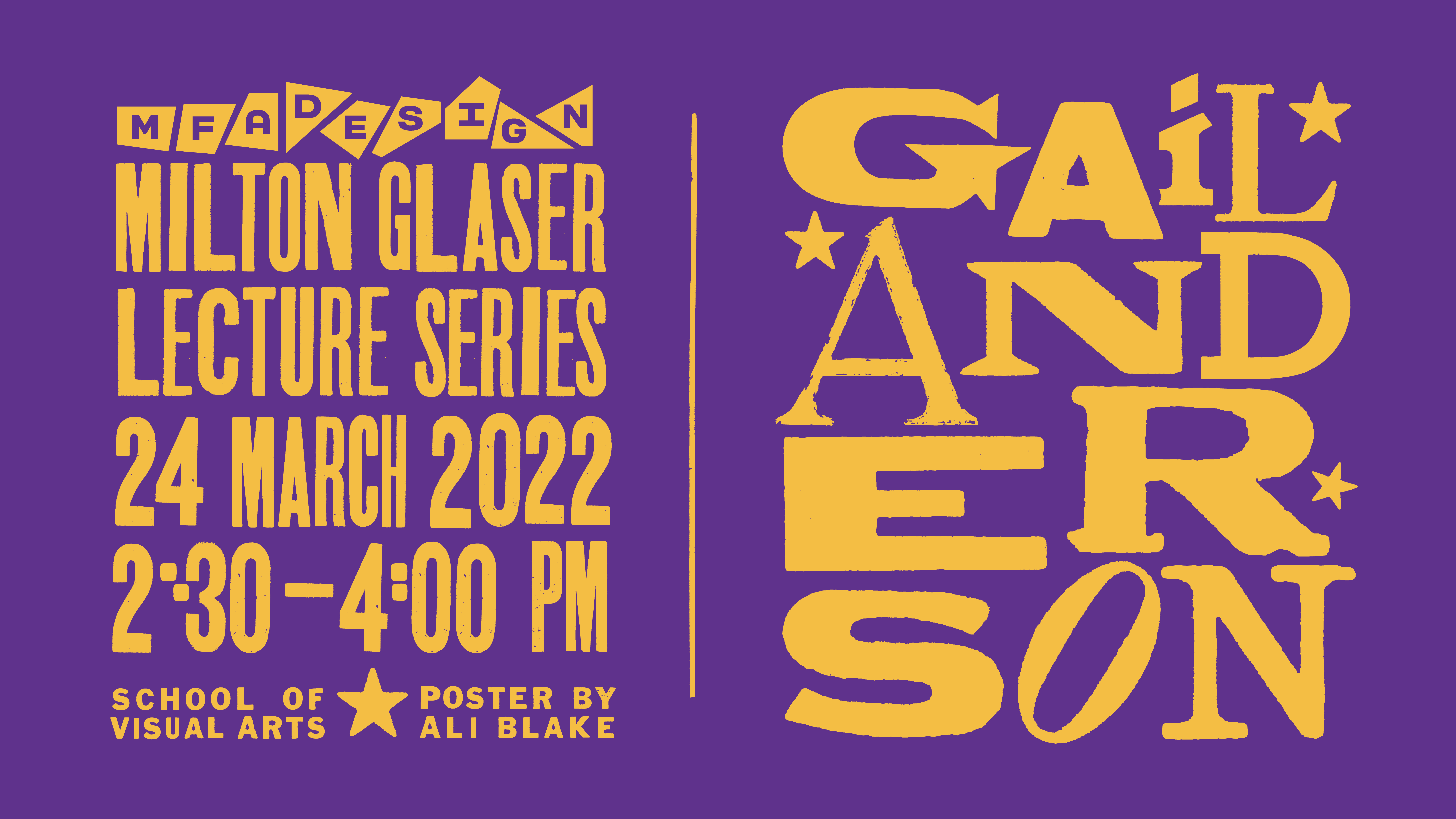 Milton Glaser's lecture poster wrote in yellow on purple background