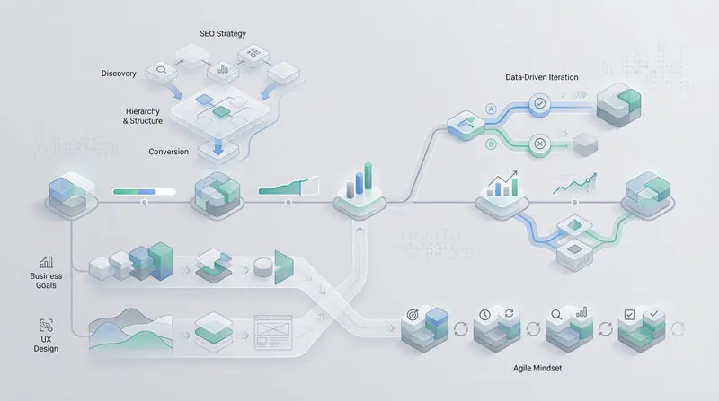 Ecosistema de diseño UX y gestión Agile: infografía que muestra la interrelación estratégica entre múltiples proyectos bajo la metodología de Project Management.