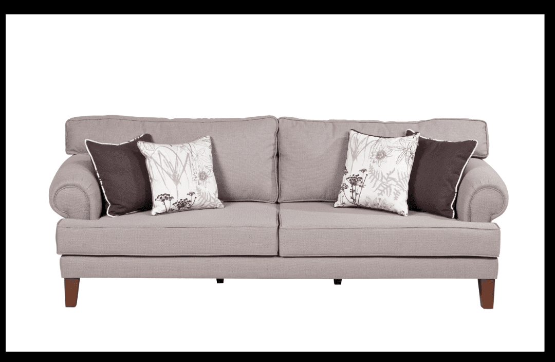 Neutral sofa with floral cushions for classic appeal.