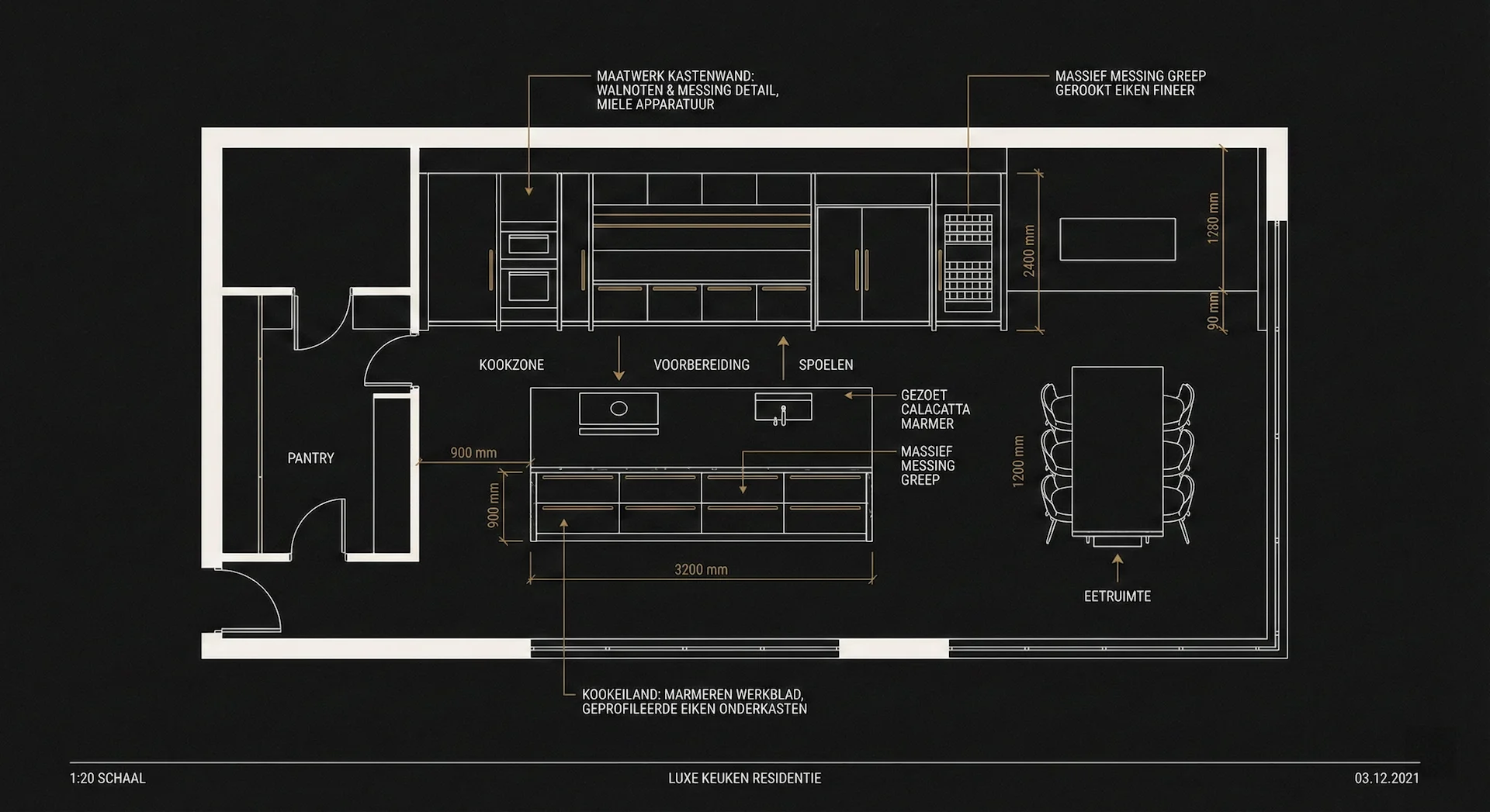 Technische plattegrond van een luxe keuken op schaal 1:20, met maatvoering van kookeiland, kastenwand en werkzones