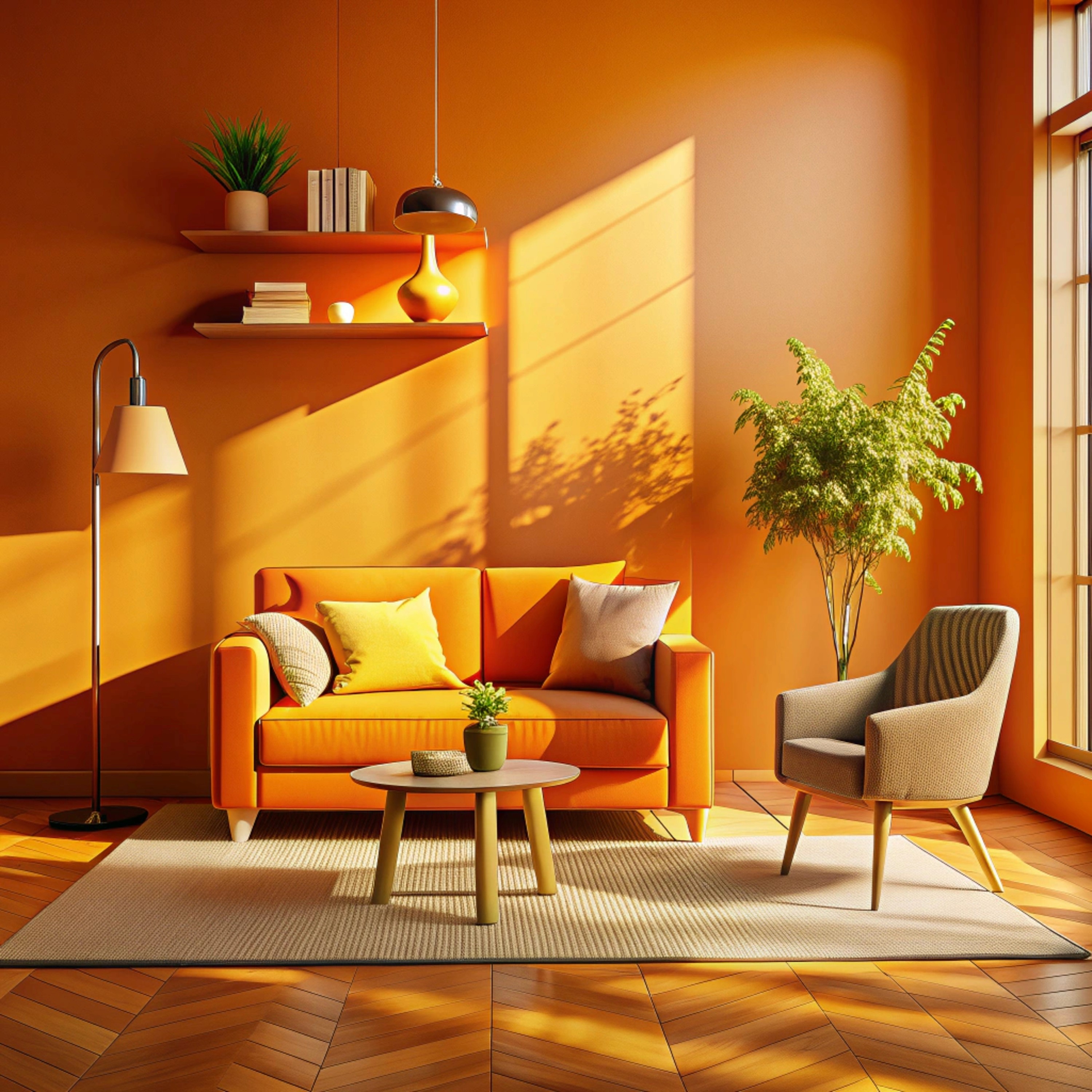 Minimalist dark interior with tiered benches and shelves.