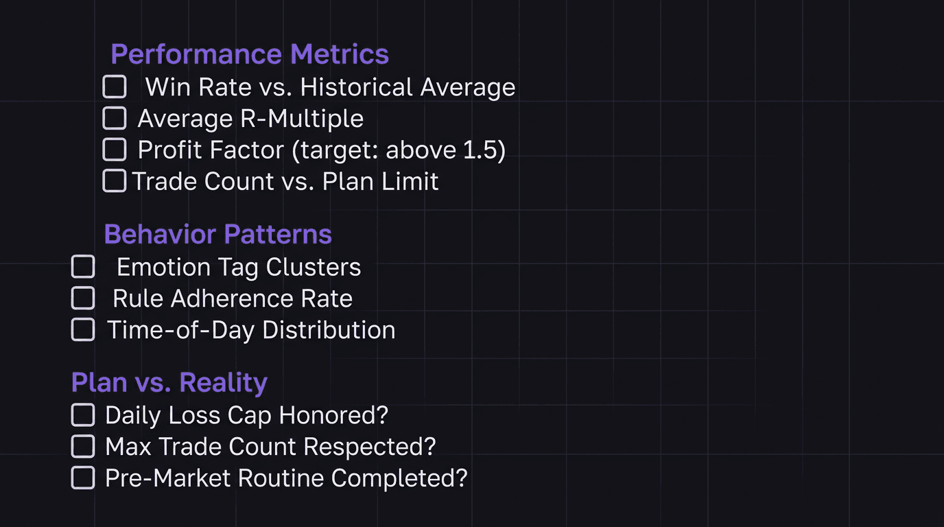 Checklist showing three layers of a weekly trading review framework with metrics, behavior, and plan adherence items