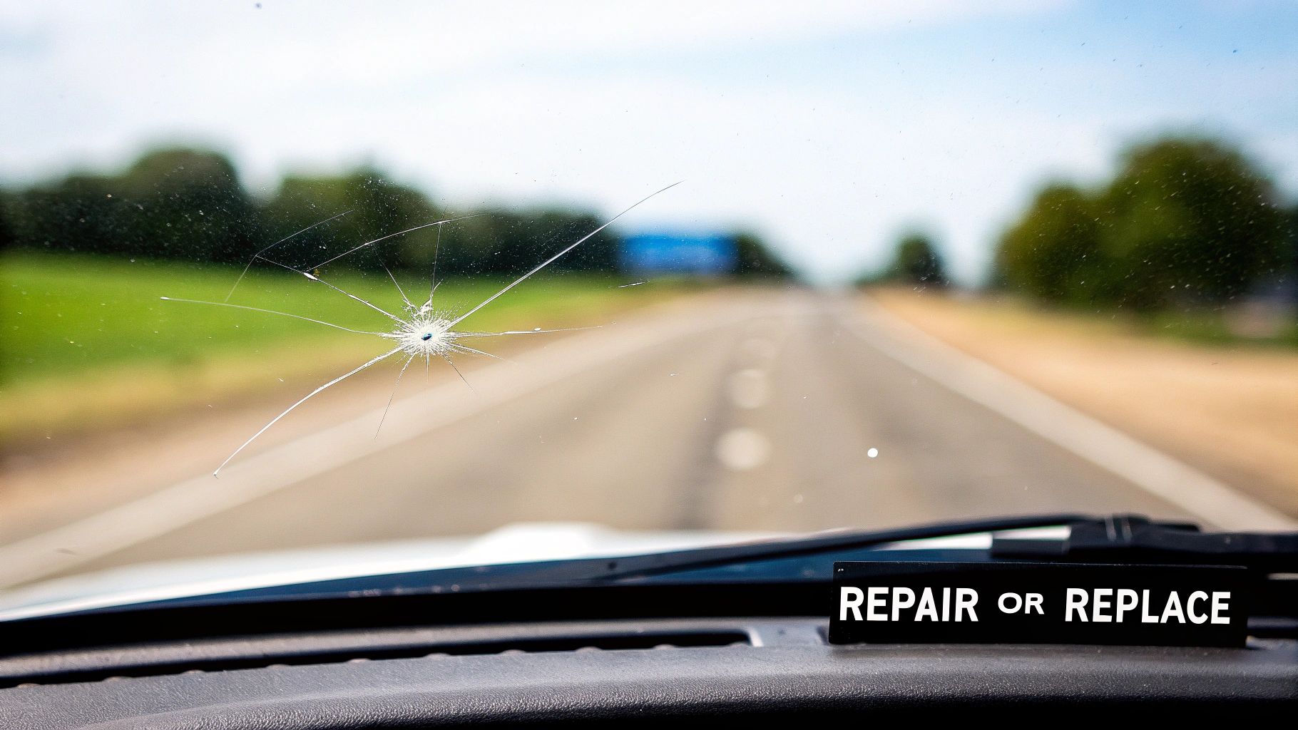 Close-up of a cracked car windshield showing the laminated safety glass shattered but holding together