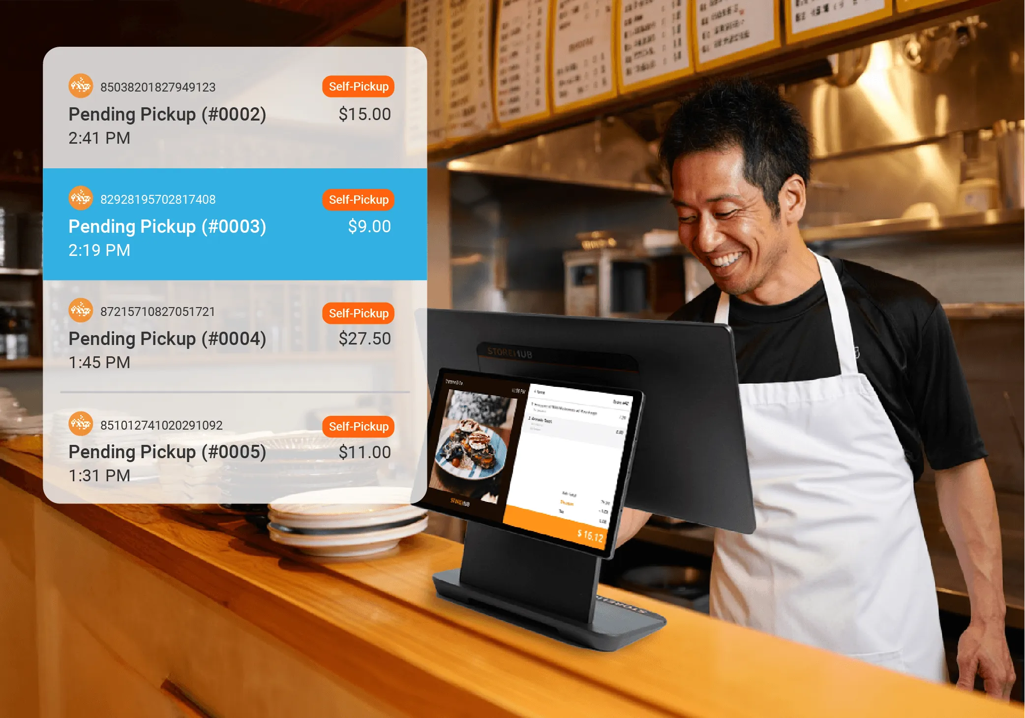 Restaurant owner using the StoreHub cloud POS system for dine-in, takeaway, and order management.