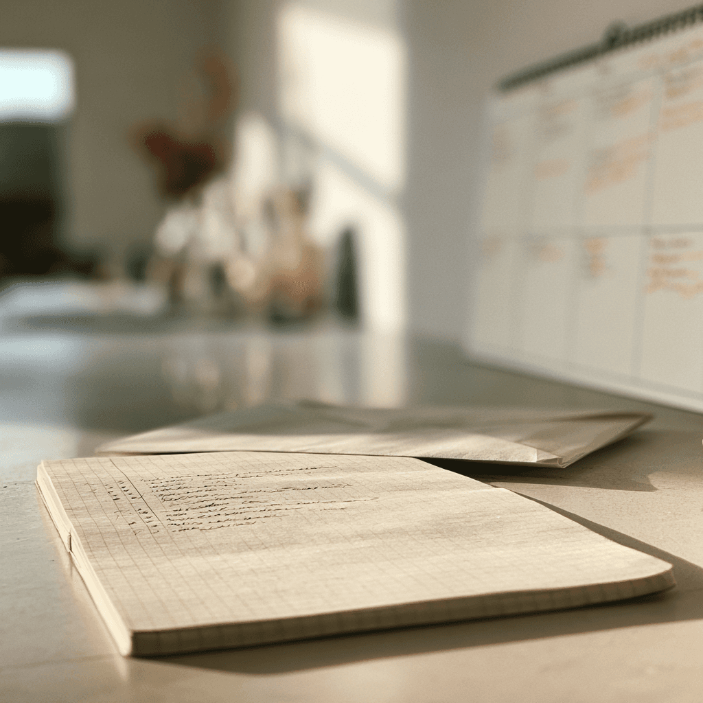A handwritten list of decisions on a notebook page beside a wall calendar showing a six-week span