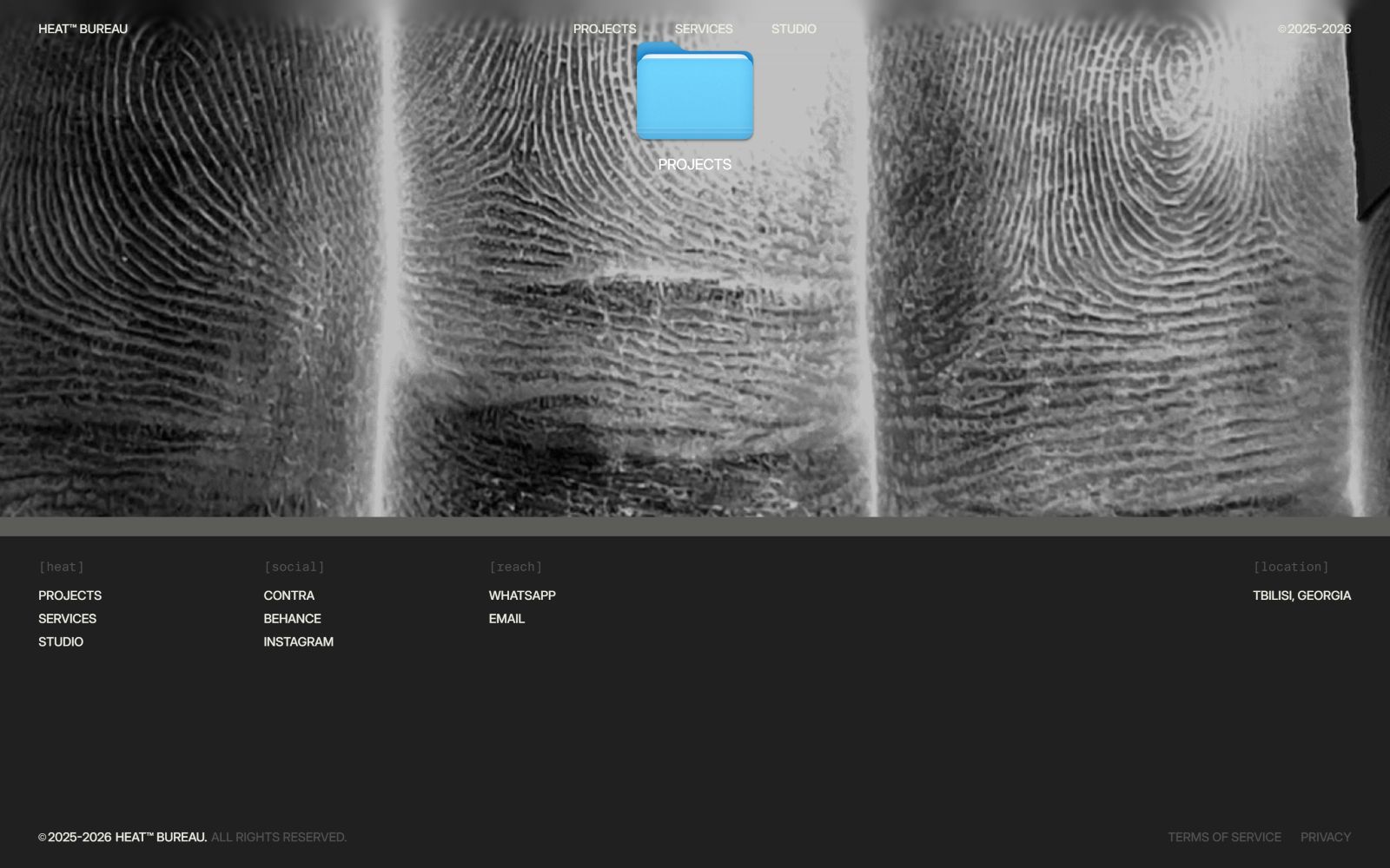 Fingerprint background with a blue folder icon labeled "PROJECTS" in the center. Text: "PROJECTS | SERVICES | STUDIO" above.