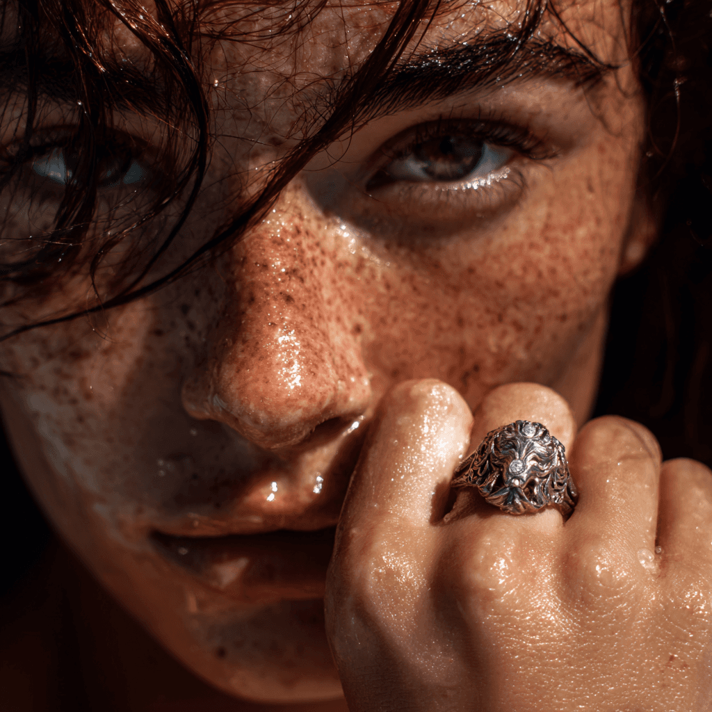 Women with ring in hand in water portrait