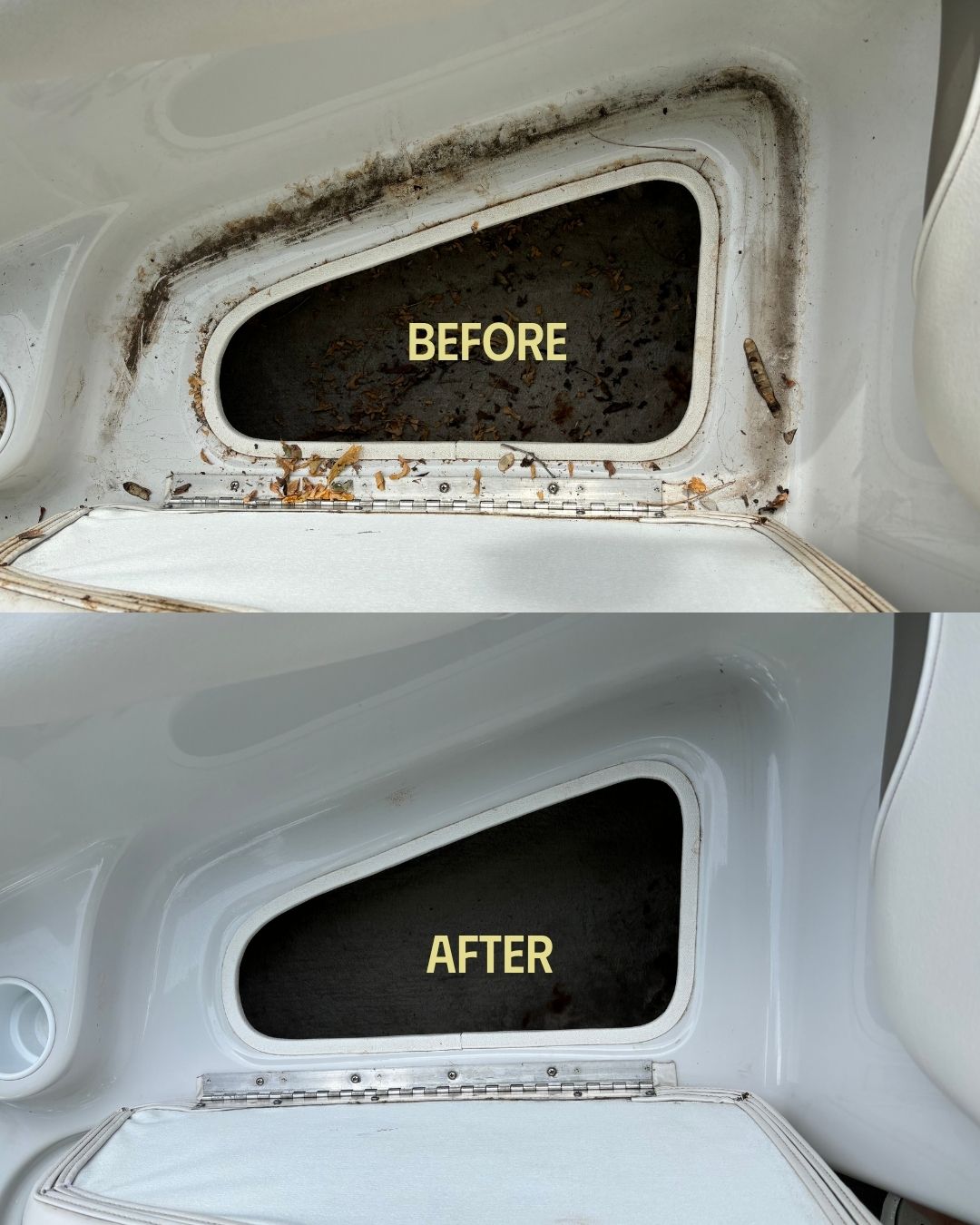 Before and after of the compartment of a boat being cleaned