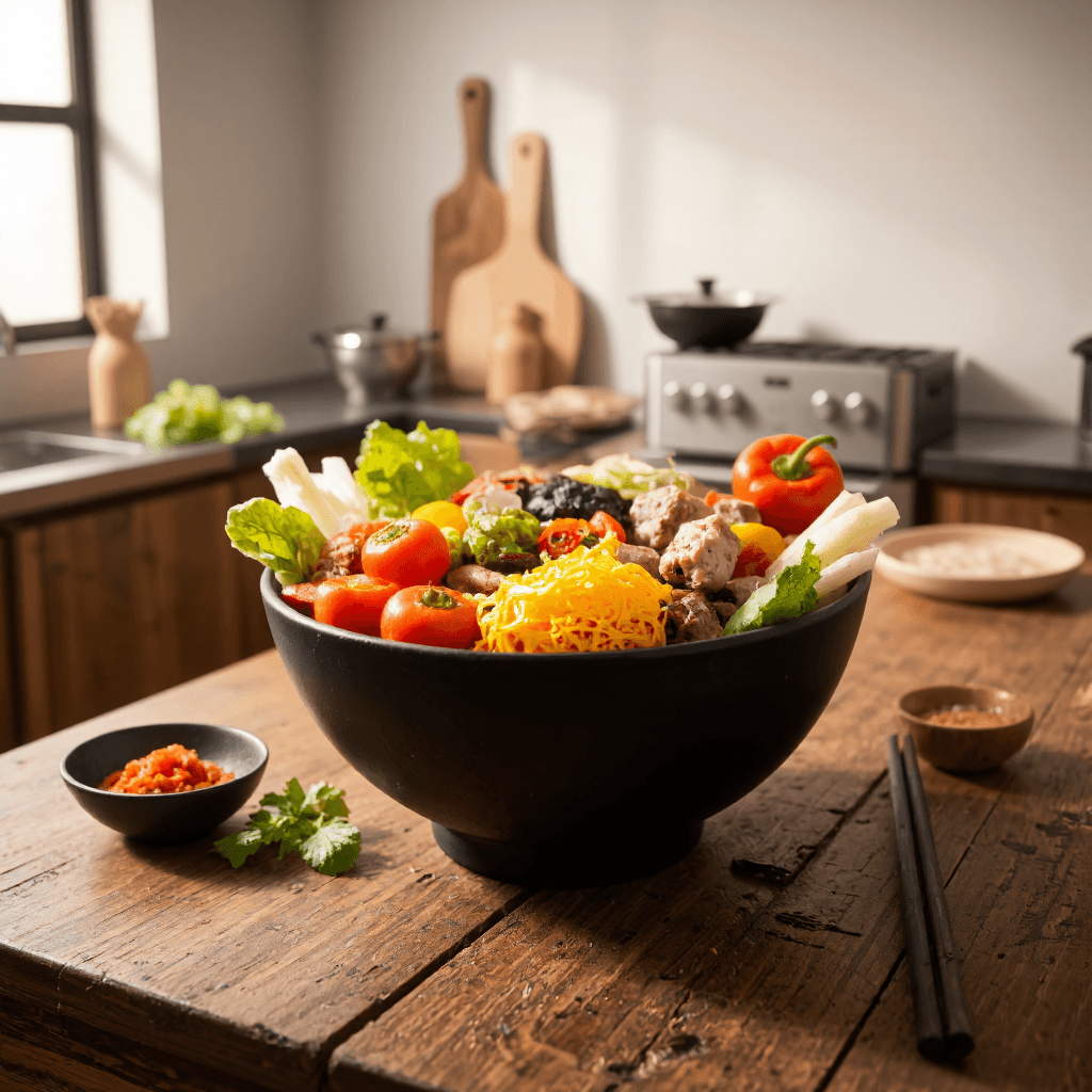 product photography of a bowl of hot pot ingredients with various vegetables and meat alternatives