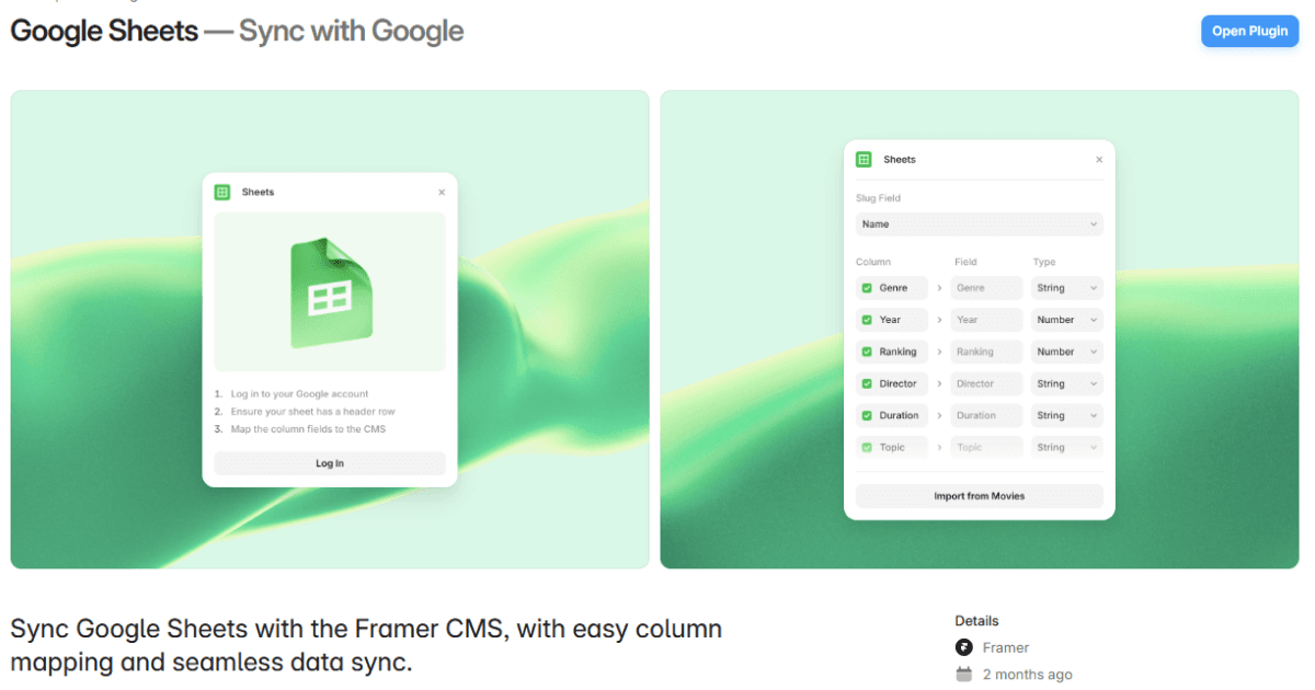 Plugin Google Sheets pour synchroniser une base de données externe avec le CMS Framer