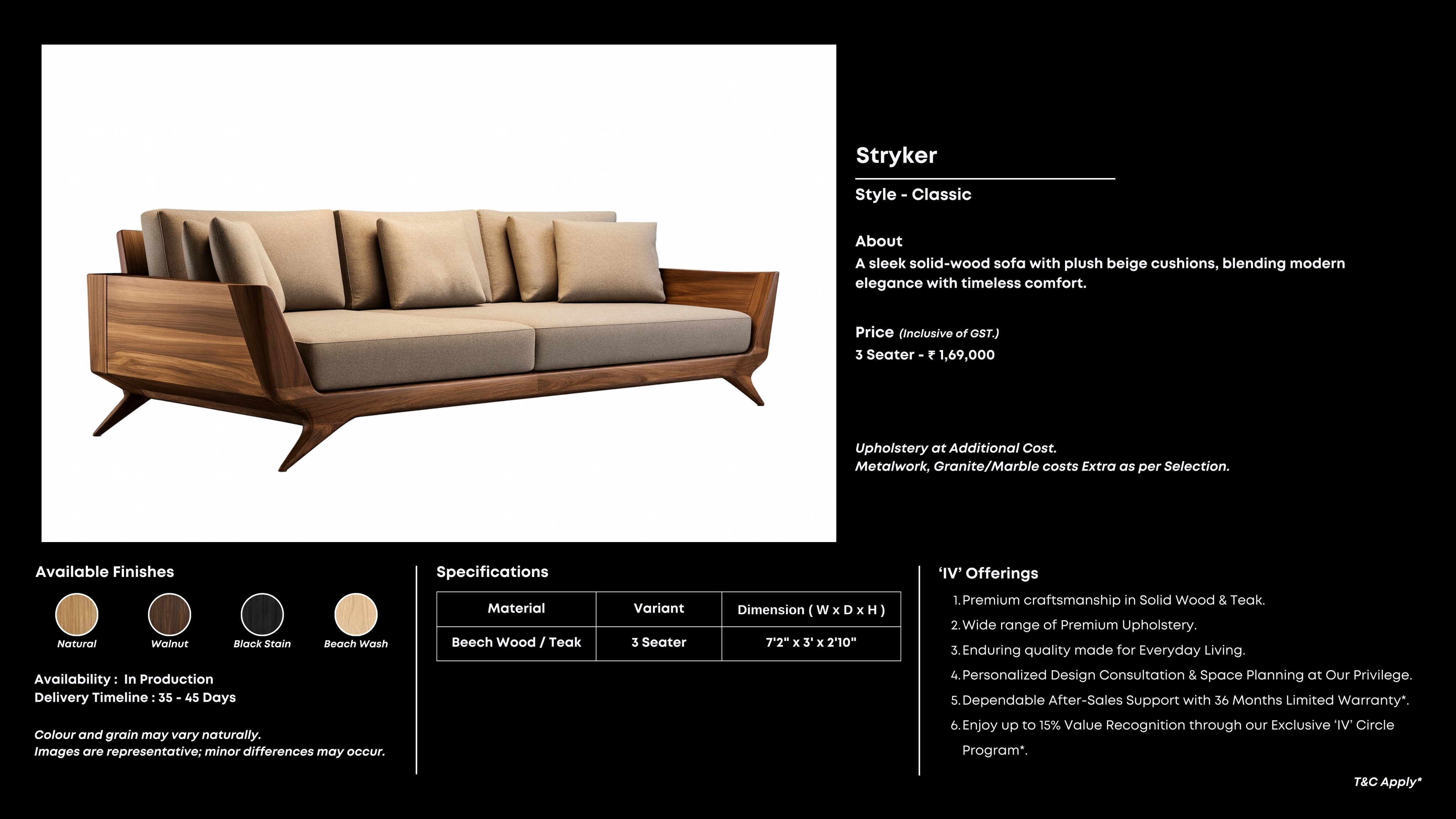 Plum velvet 3-seater with channel tufting and gold-toned legs.