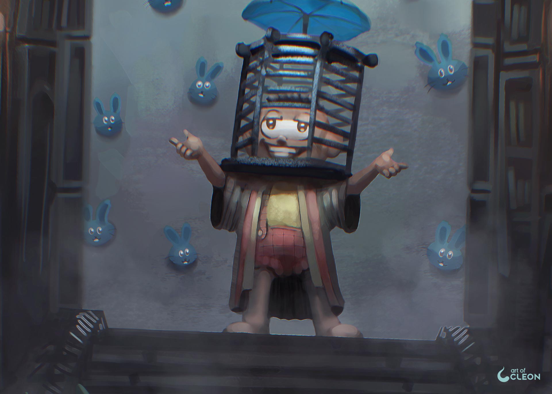 Close-up of Smudge reimagined with Micolash's iron cage and robes.