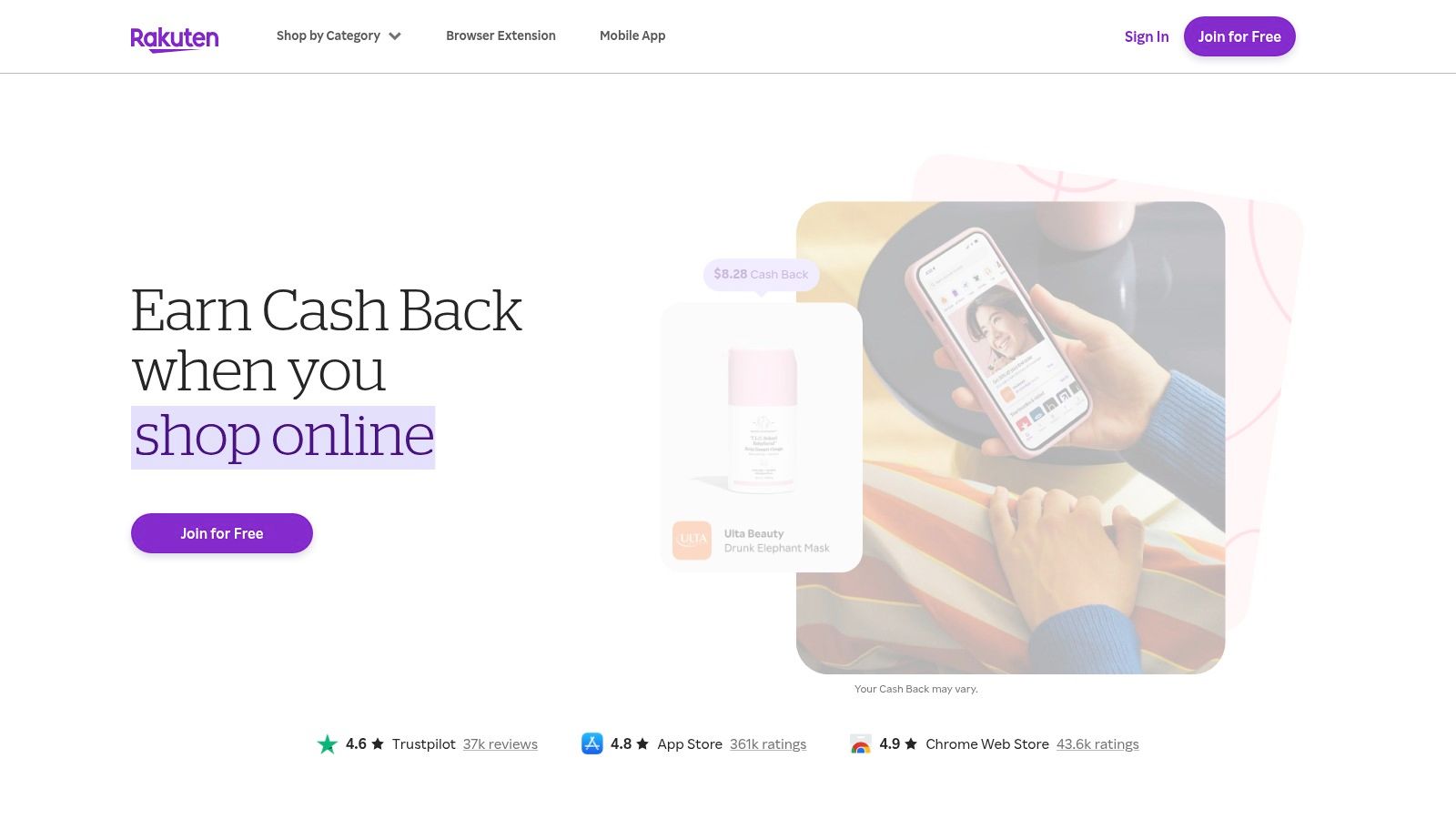A screenshot of the Rakuten app interface showing various cash-back offers and featured stores.