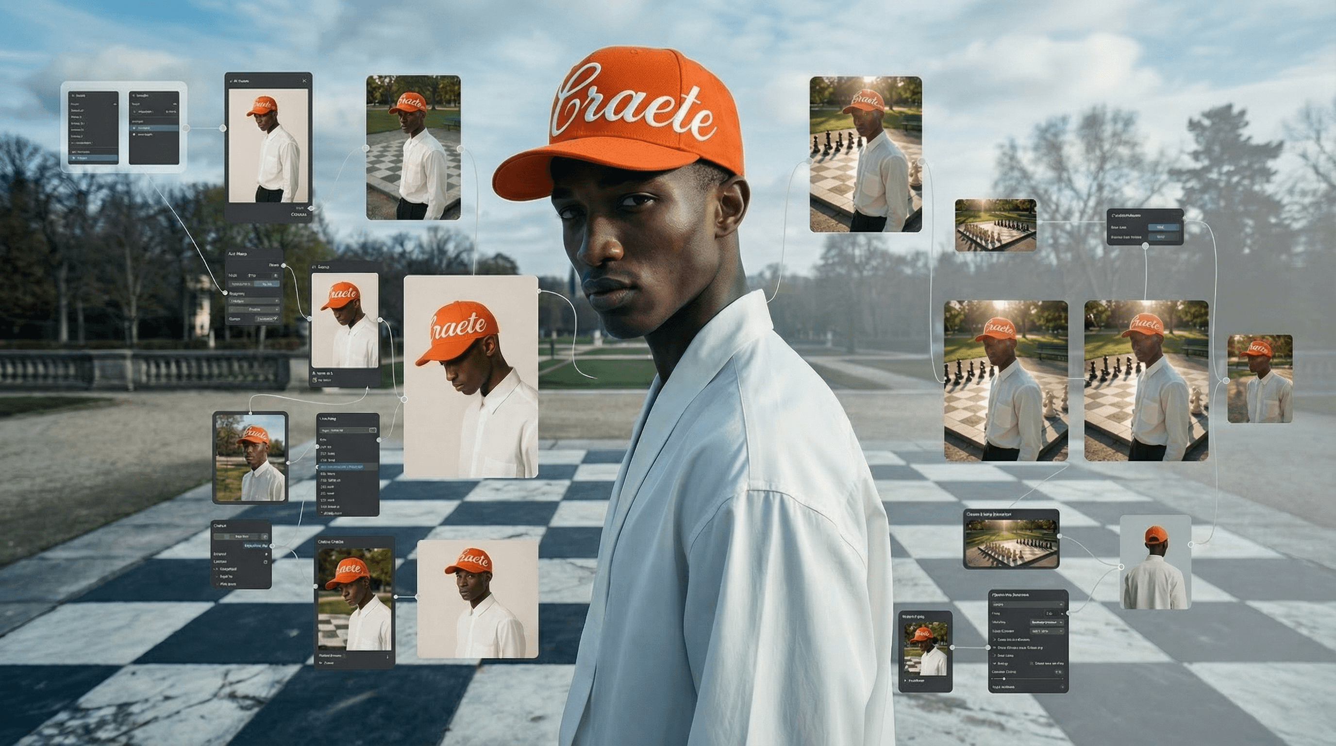 KI-generiertes kreatives Content-Netzwerk mit orangen neuronalen Verbindungen und diversen Medienformaten