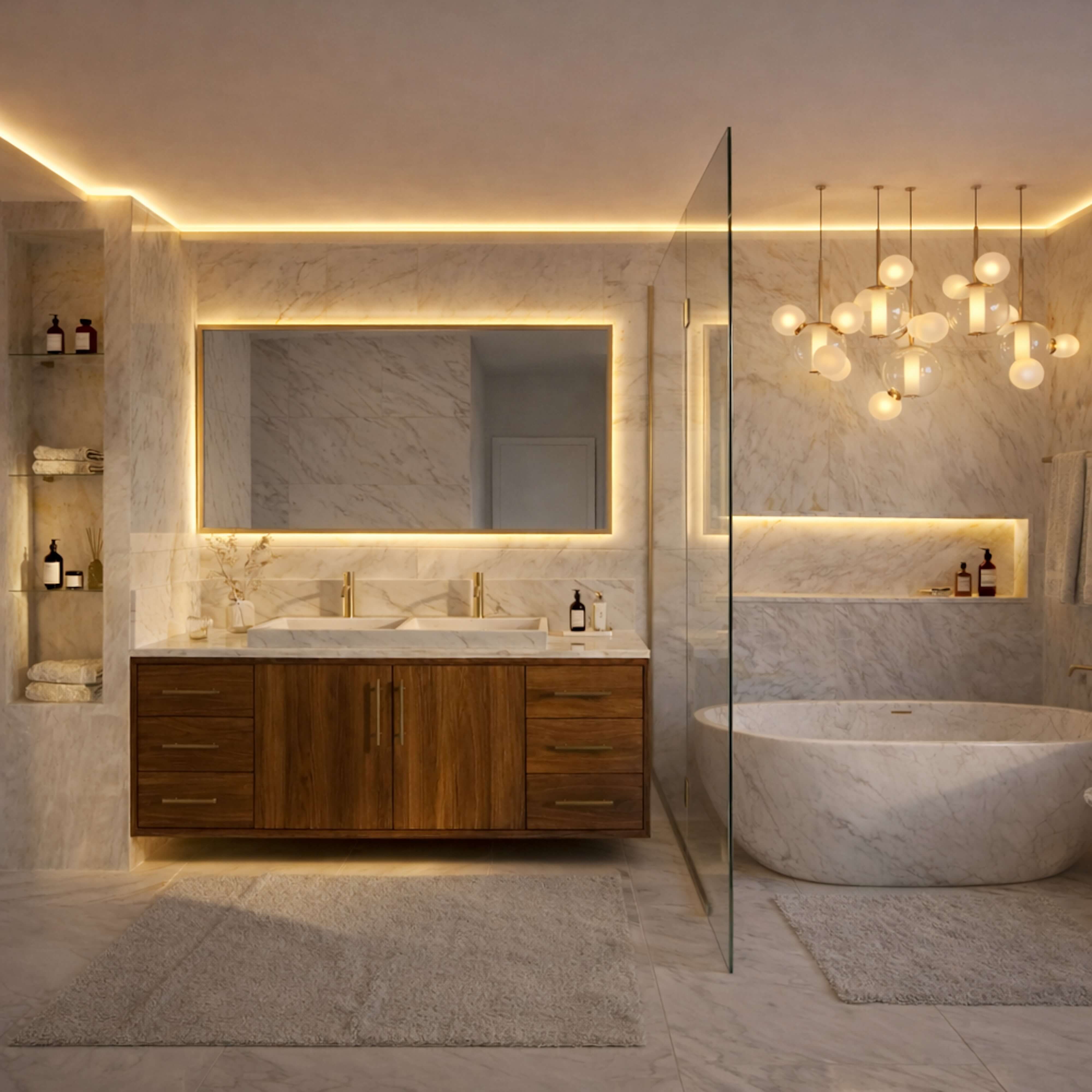 Elegant marble bathroom with backlit mirror, wood vanity, sculptural tub, glass divider, and glowing chandelier.