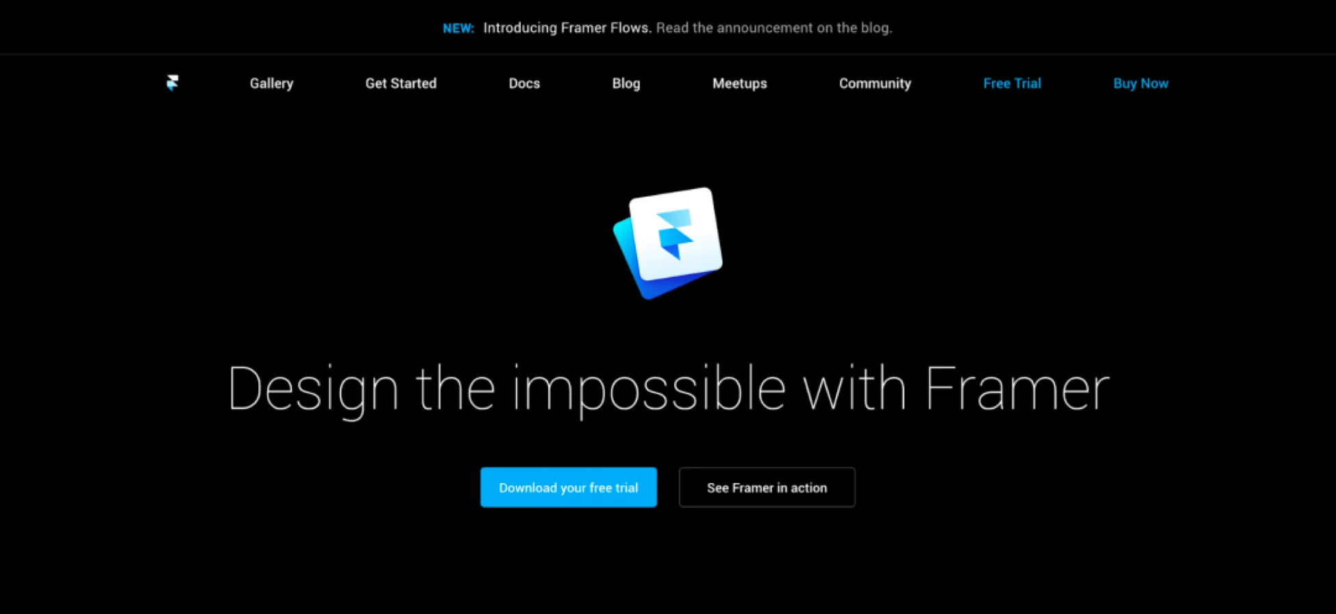 Dark-themed Framer homepage with the tagline “Design the impossible with Framer,” featuring the Framer logo, navigation menu, and call-to-action buttons for free trial and product demo.