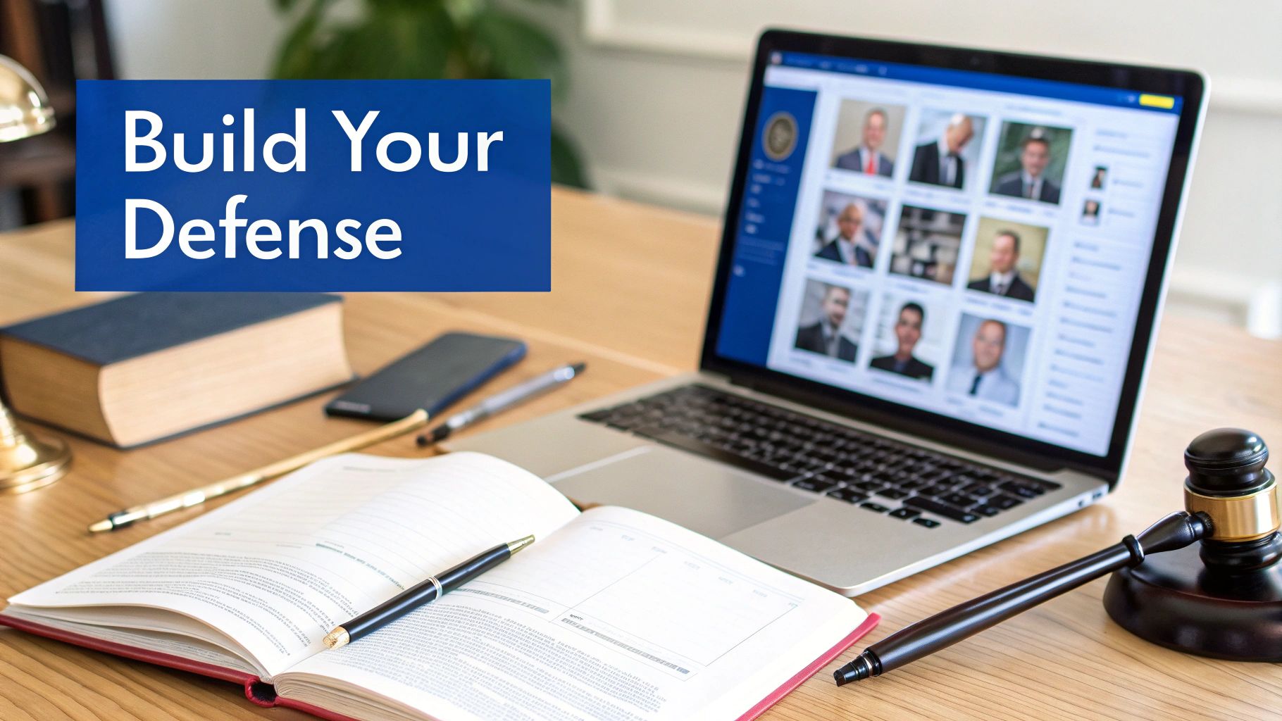 A laptop showing lawyer profiles, an open book, pen, and gavel on a wooden desk with a 'Build Your Defense' overlay.