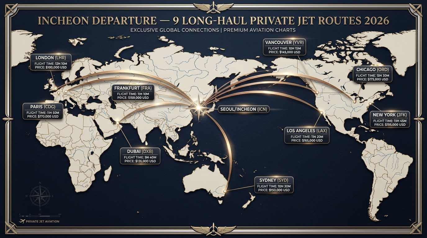 Incheon Airport long-haul private jet routes โ 9 most-flown destinations including LA, New York, London, Paris, Dubai, and Sydney with G650ER and Global 7500 per-leg pricing