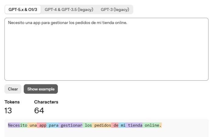 Contador de tokens de OpenAI mostrando 13 tokens y 64 caracteres en una frase en español