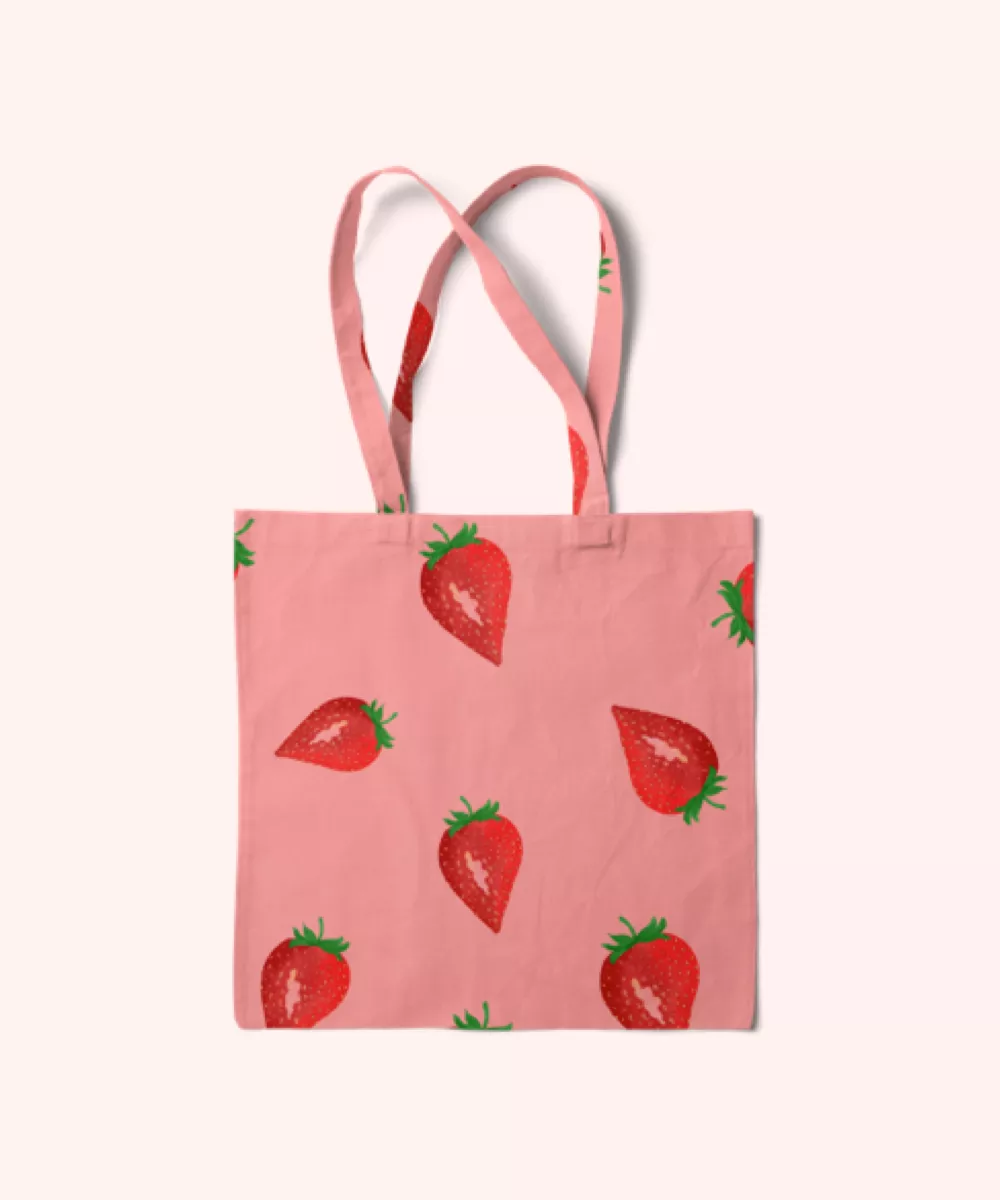 Strawberry tote bag with large red strawberries all over. Digital art work.