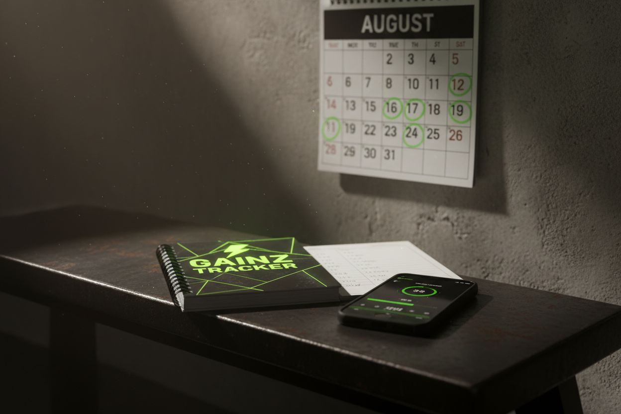 Workout plan notebook and phone on a gym bench