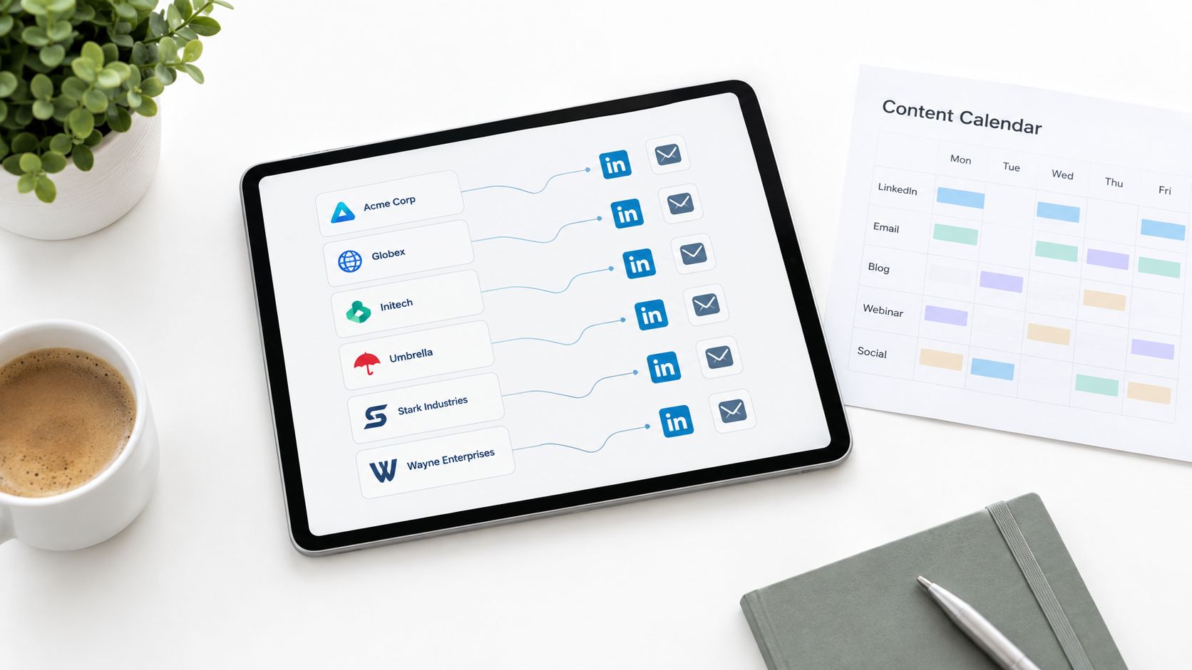 A digital tablet displaying a corporate content marketing plan with social media icons and a calendar.