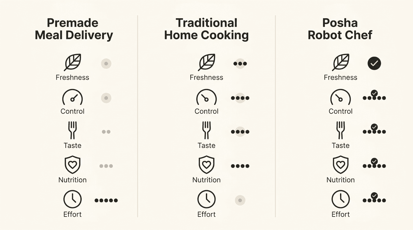 Comparison infographic of premade meal delivery, home cooking, and Posha Robot Chef