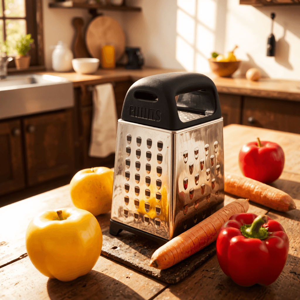 product photography of a box grater used for shredding and grating food