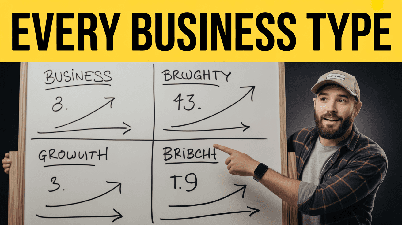 Alex Hormozi-style growth strategy thumbnail with 4-quadrant whiteboard and EVERY BUSINESS TYPE headline