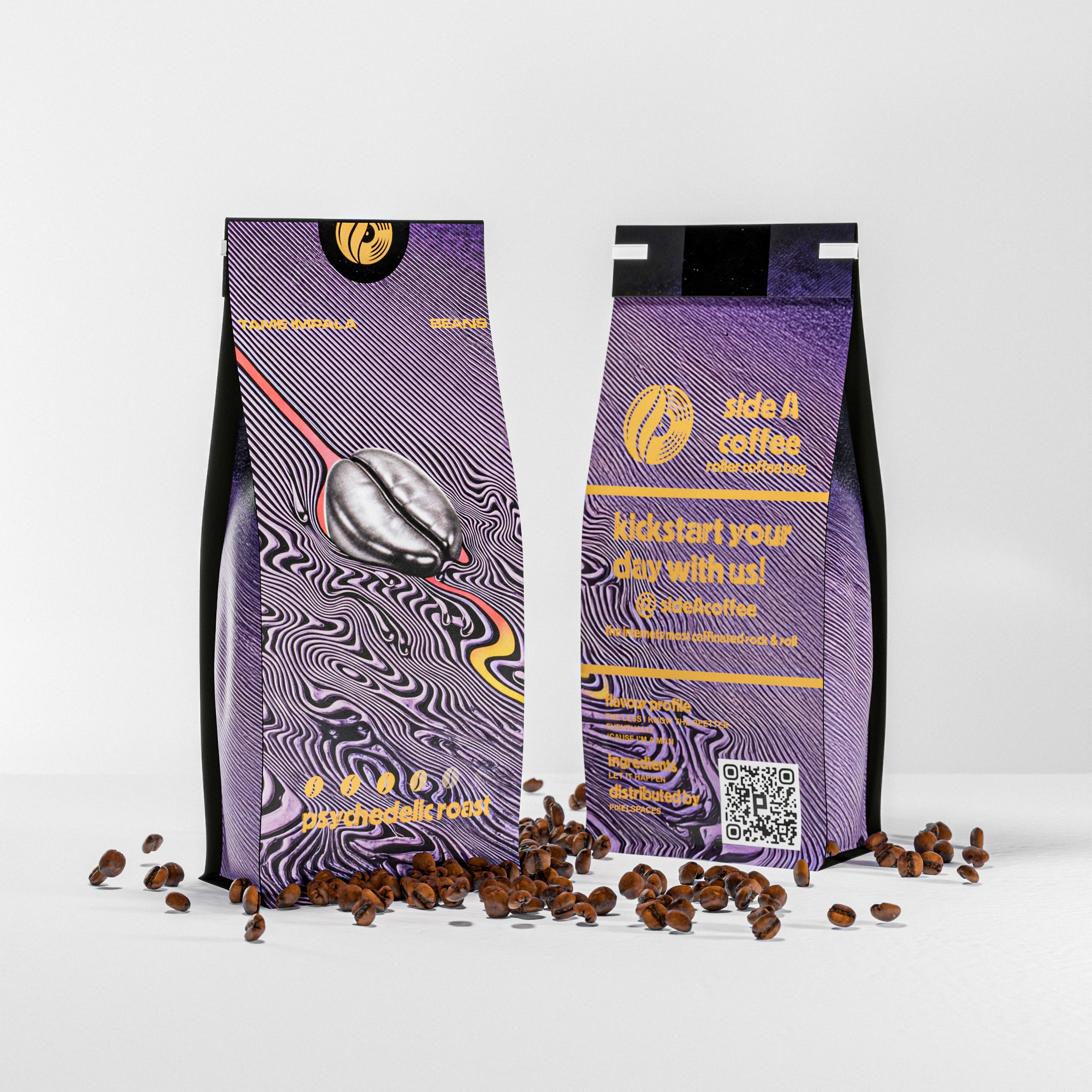 Photorealistic architectural and product visualisation created by pixelspaces UK for sideAcoffee and  tame impala currents kevin parker , coffee packaging