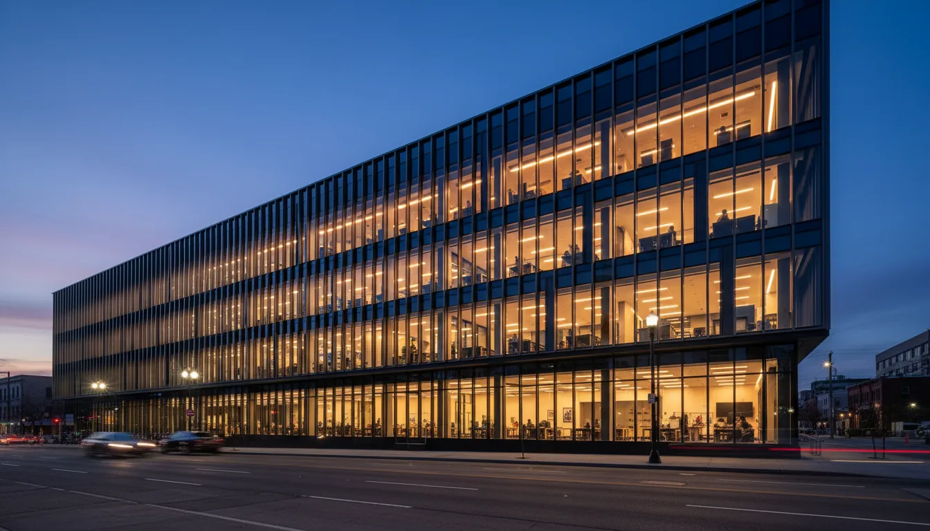 Wide-angle DSLR photograph of a modern university school of architecture at dusk. The building features a striking glass curtain wall facade with dark vertical fins, reflecting the deep blue evening sky. Warm, bright light emanates from the interior studios, visible through the glass. The shot is taken from a low angle on a city street, emphasizing the clean, geometric lines of the structure. Professional architectural photography, sharp focus, cinematic contrast.