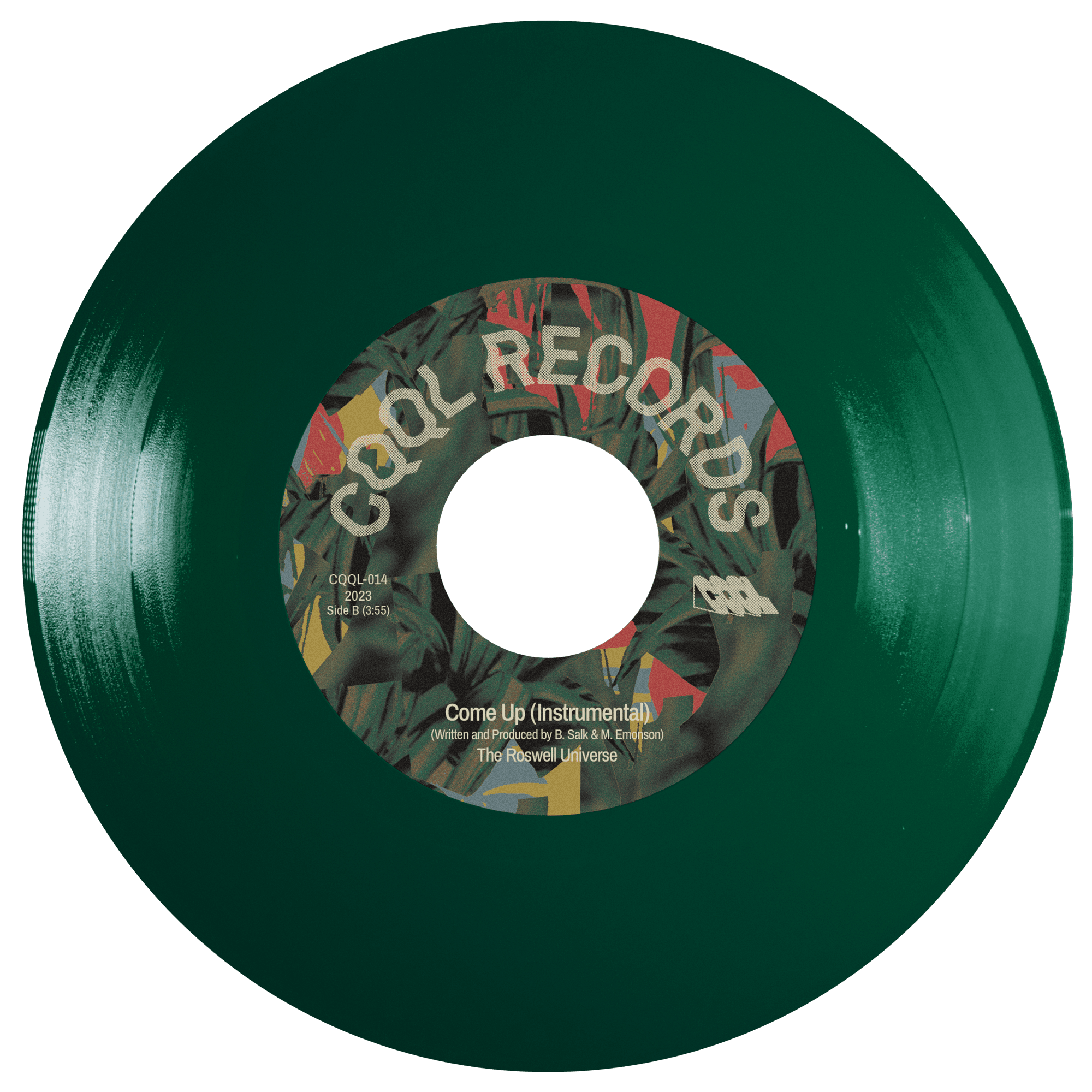 Green vinyl record with a colorful label on a white background