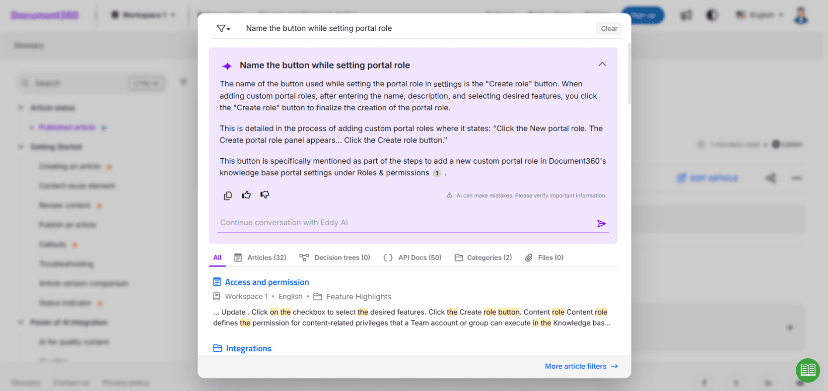 Document360 Ask Eddy AI panel answering a portal-role question with numbered source citations
