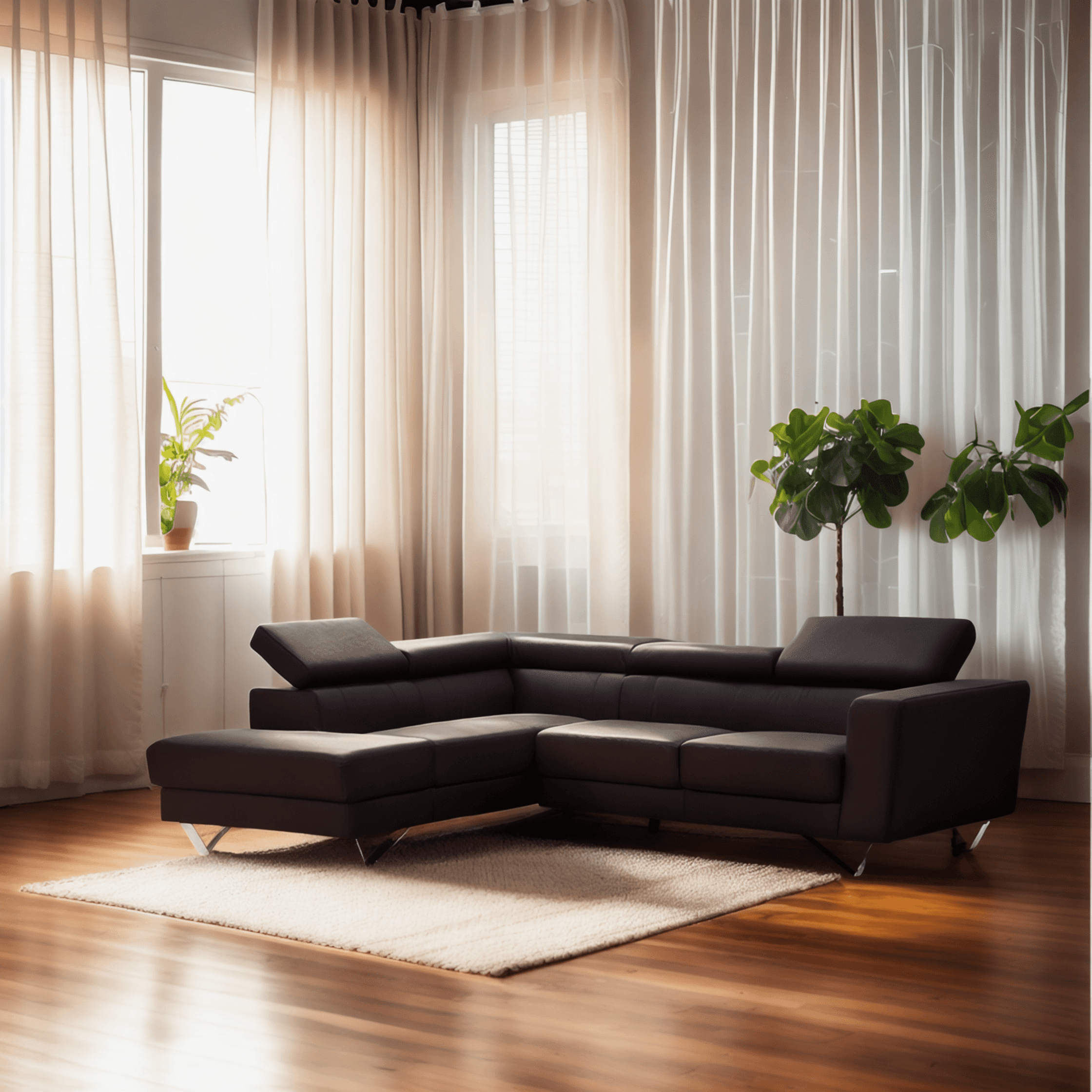 Leather sofa in a living room with big windows. Image generated by AI using Fuzer