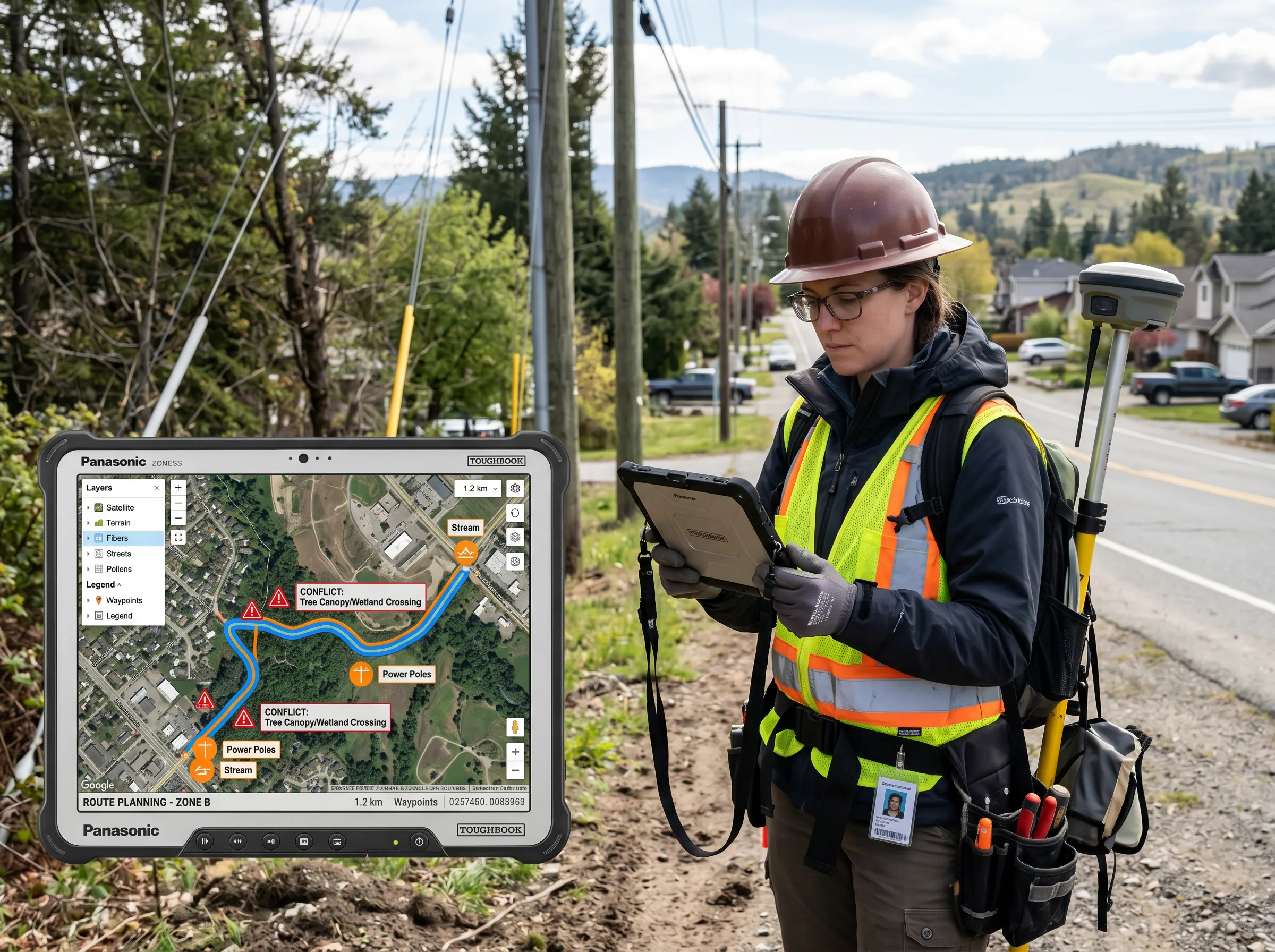Technician in safety gear using a surveying device and tablet displaying a solar farm layout map on a hillside site.