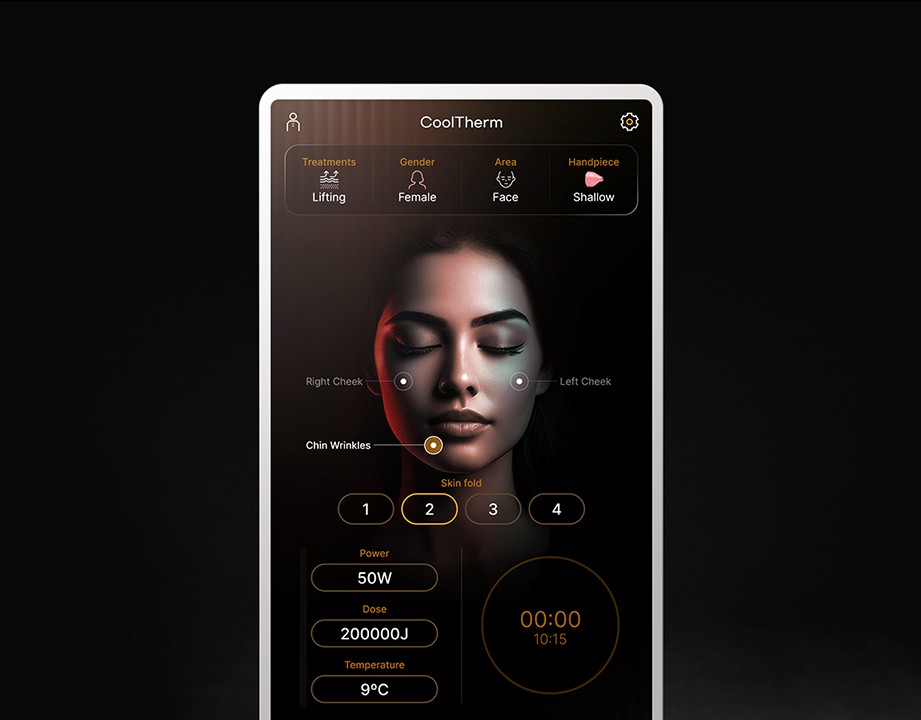 얼굴 부위 설정과 시술 정보를 표시하는 미용 디바이스 화면