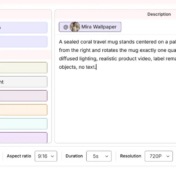 Espace de travail APOB AI Texte en vidéo avec une invite de produit, un son natif, un format d'image, une durée, une résolution, une qualité et des contrôles du coût du crédit en direct