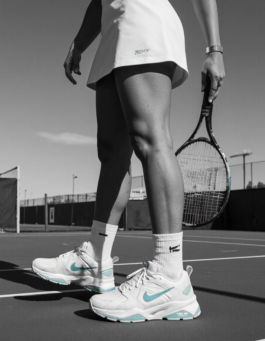 Black and white photograph of tennis player's lower body on court, wearing white tennis shoes with mint accents and holding a racket
