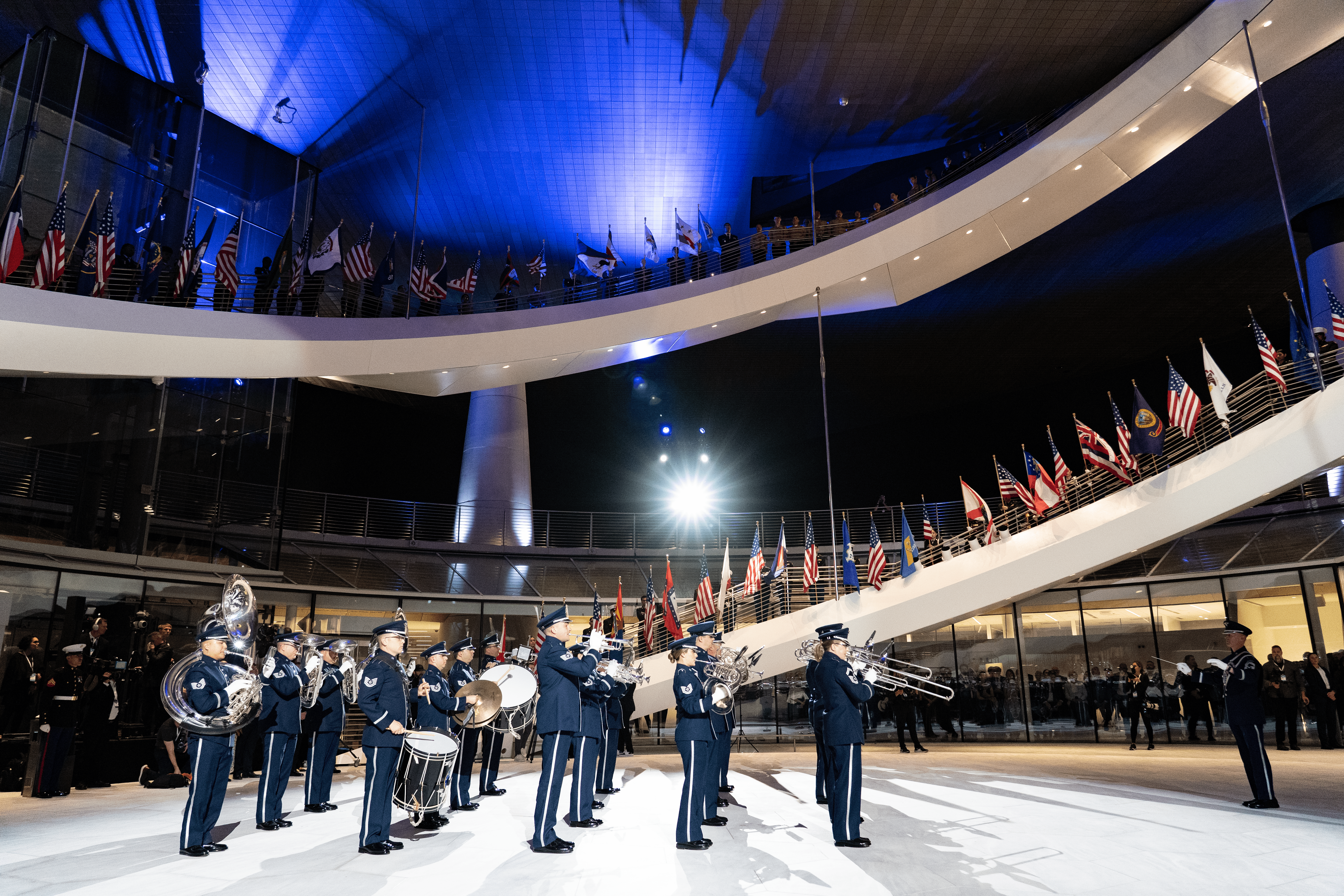 Grand Lobby of the National Medal of Honor Museum with flags and military band