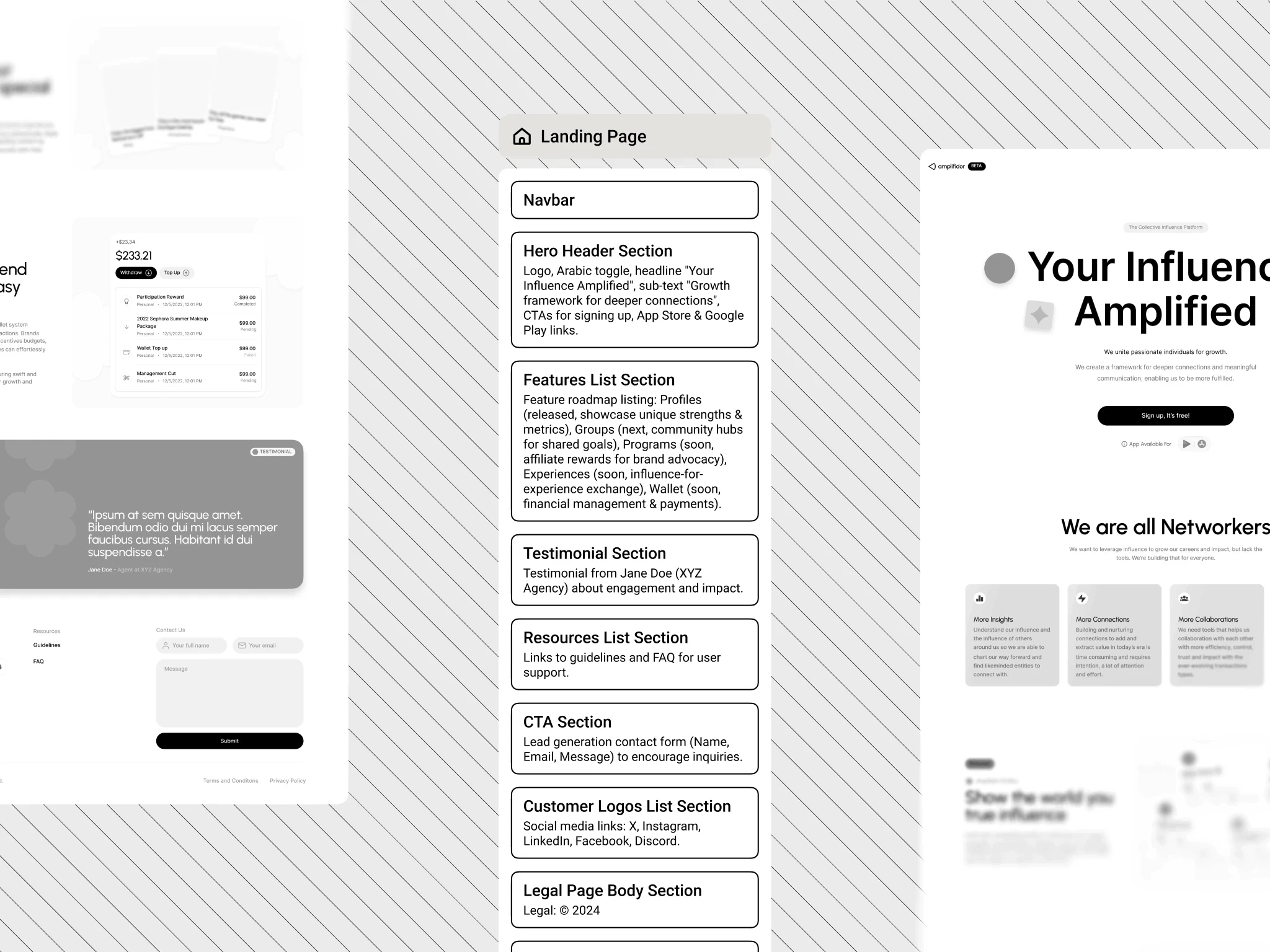 Amplifidor website wireframes and landing page design