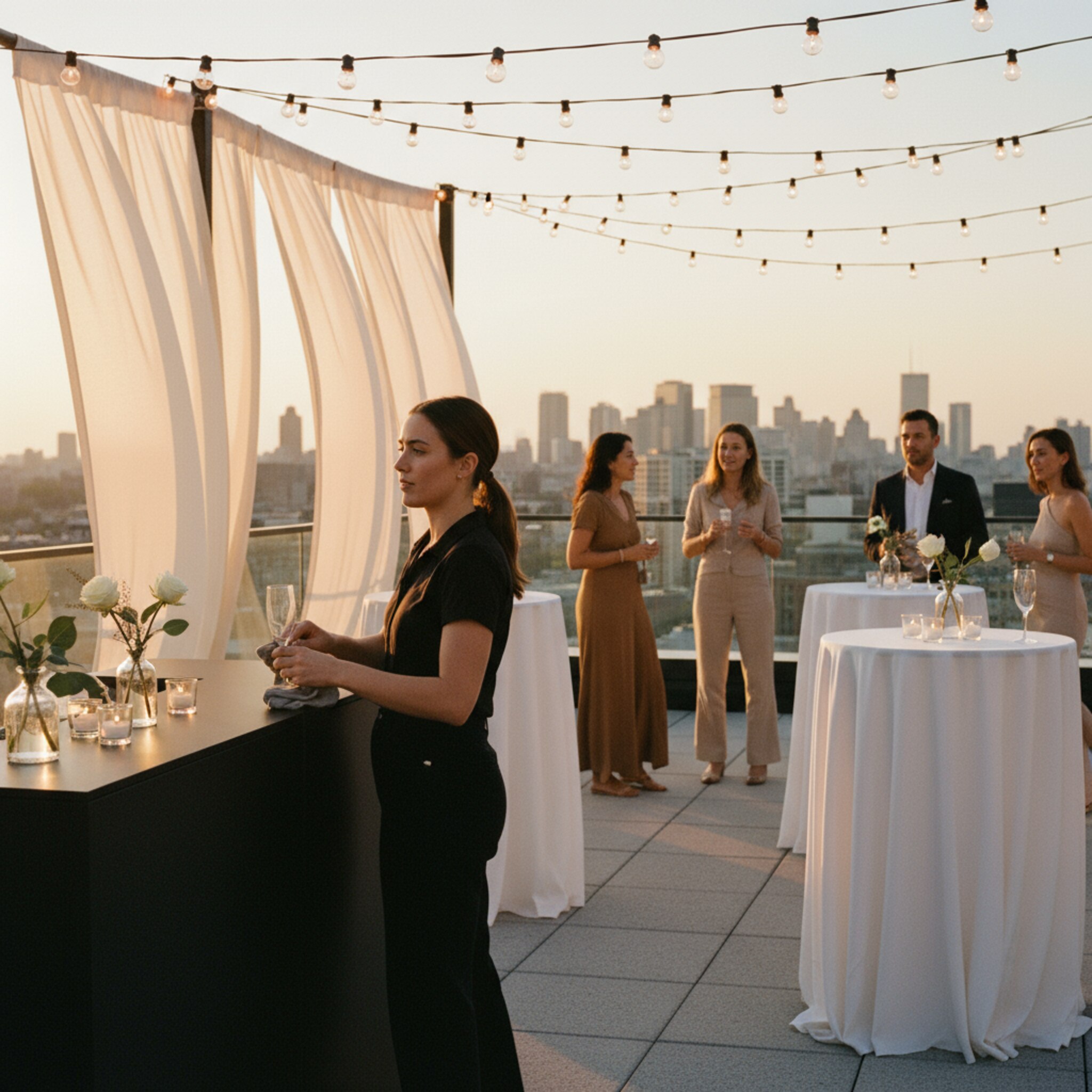 Eine Dachterrasse im Sonnenuntergang, Lichterketten spannen sich über elegante Stehtische. Ein Barkeeper poliert Sektgläser, im Hintergrund schimmert die Skyline. Eine leichte Brise bewegt die Stoffbahnen, ein dezentes Klangbild aus Stimmen und leiser Musik liegt in der Luft. Alles wirkt einladend und exklusiv.