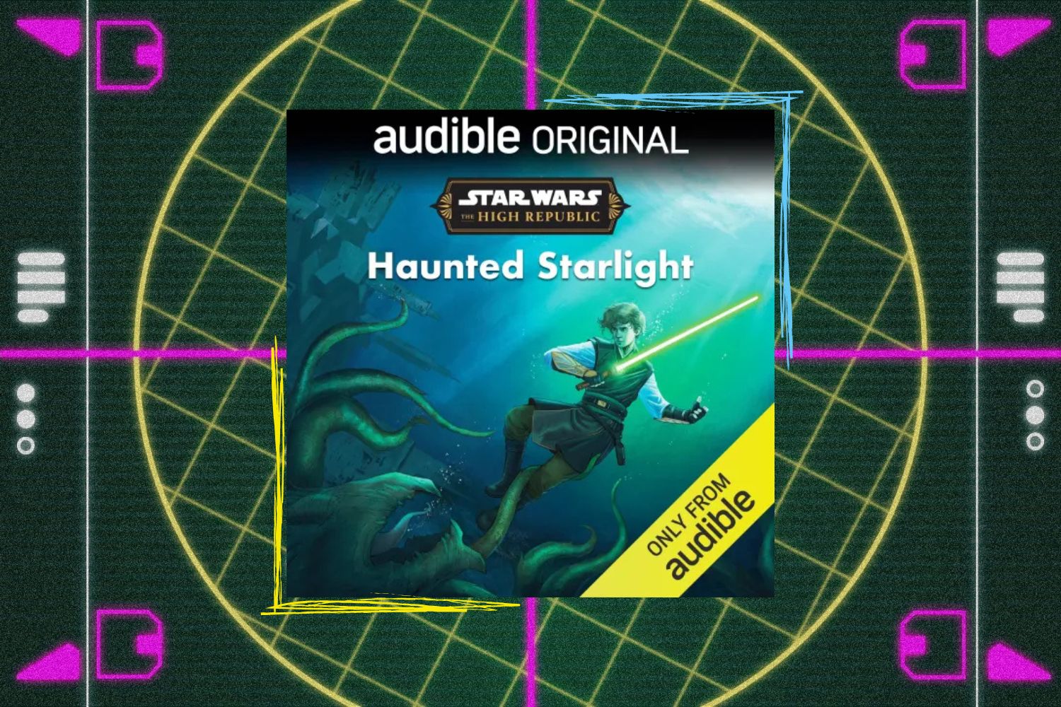 Cover of Star Wars: The High Republic: Haunted Starlight, an audible original with Jedi Padawan Cam Lindon holding a green lightsaber underwater in front of a Drengir enemy