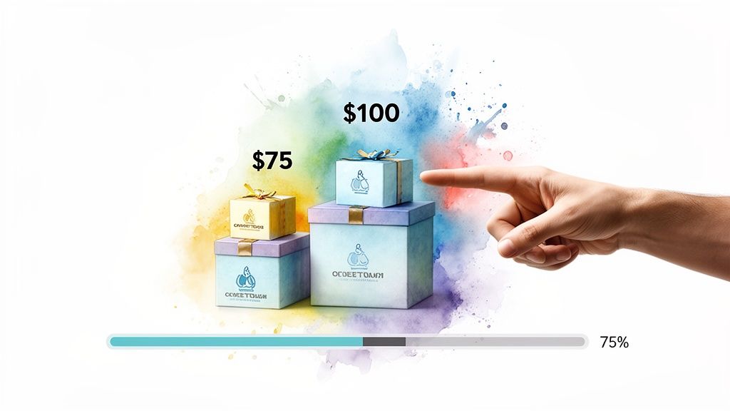 A hand points to stacked gift boxes with $75 and $100 prices over a 75% progress bar.