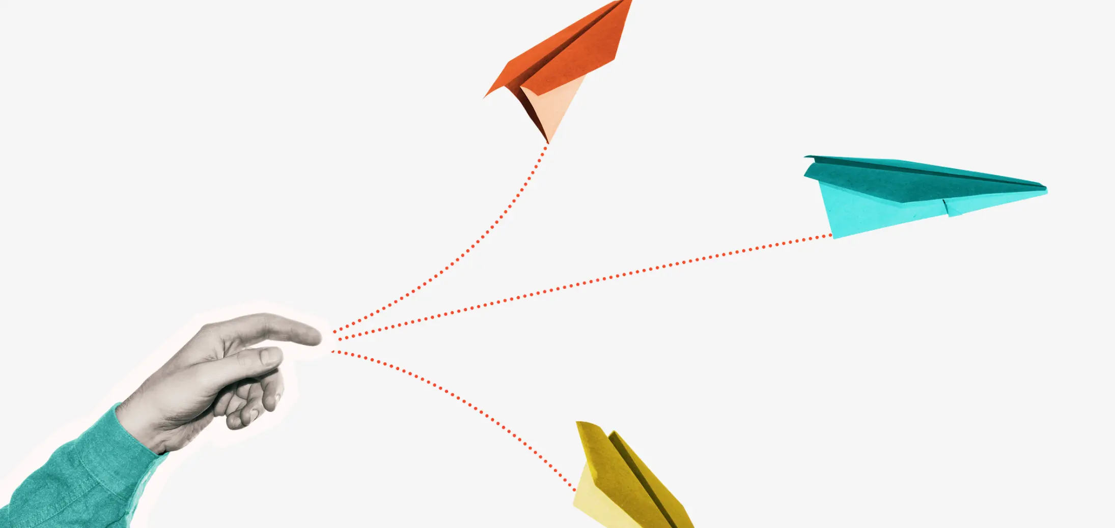Mixed-media collage of a hand directing three coloured paper planes in different trajectories, illustrating leadership decisions across multiple developmental lines