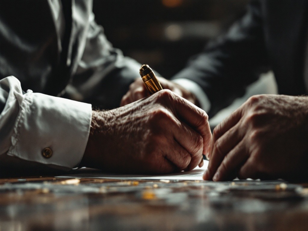 Close-up of two hands signing a document.