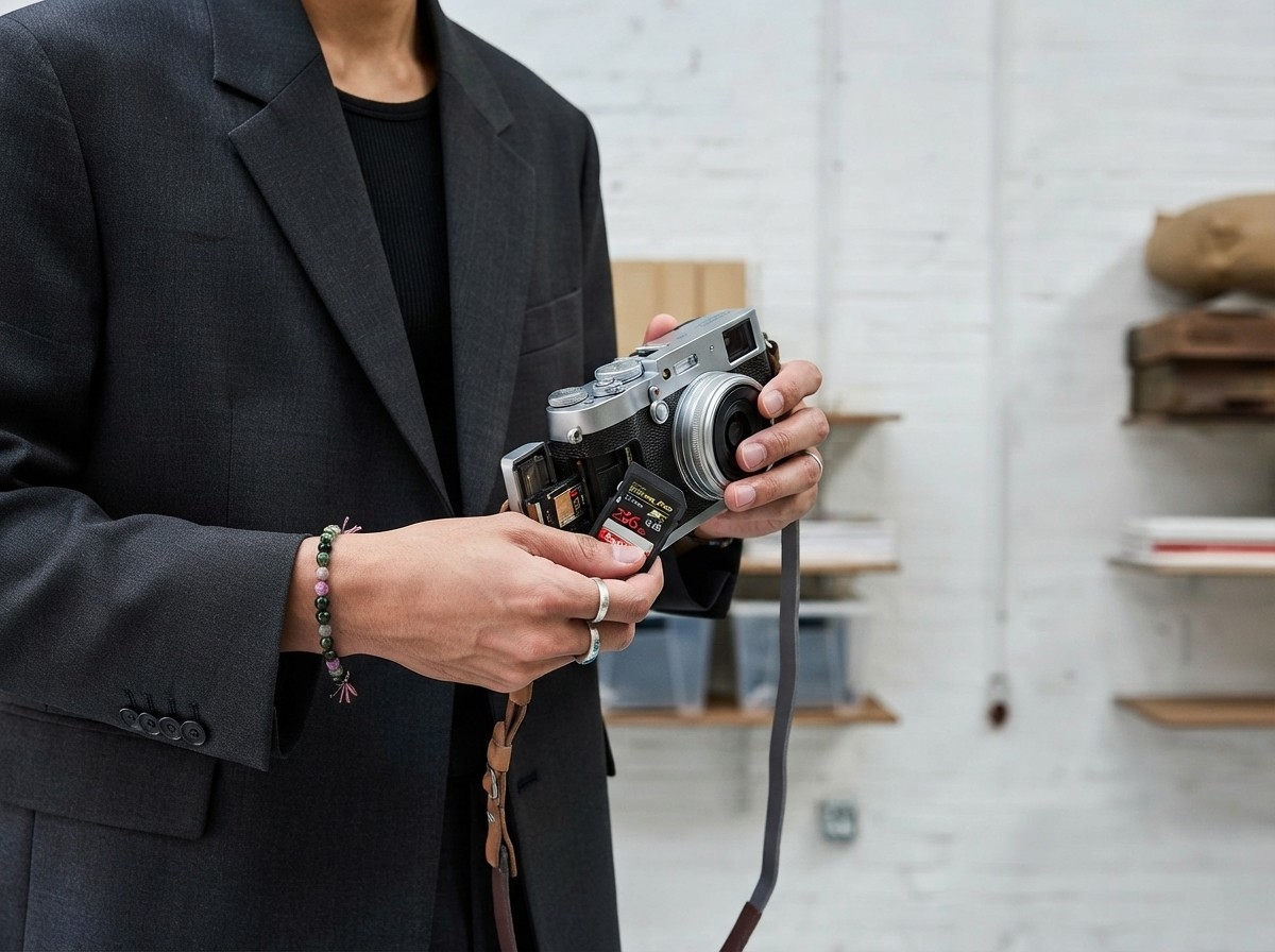 Hands inserting an sd card into a retro camera.