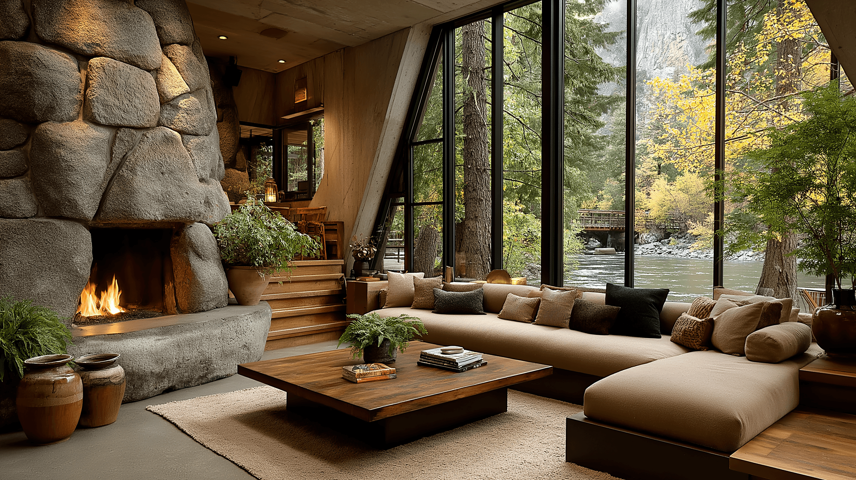 Spacious living room with an organic design, featuring a large stone fireplace, a long beige sectional sofa, and expansive A-frame windows with views of a forest and a flowing river.