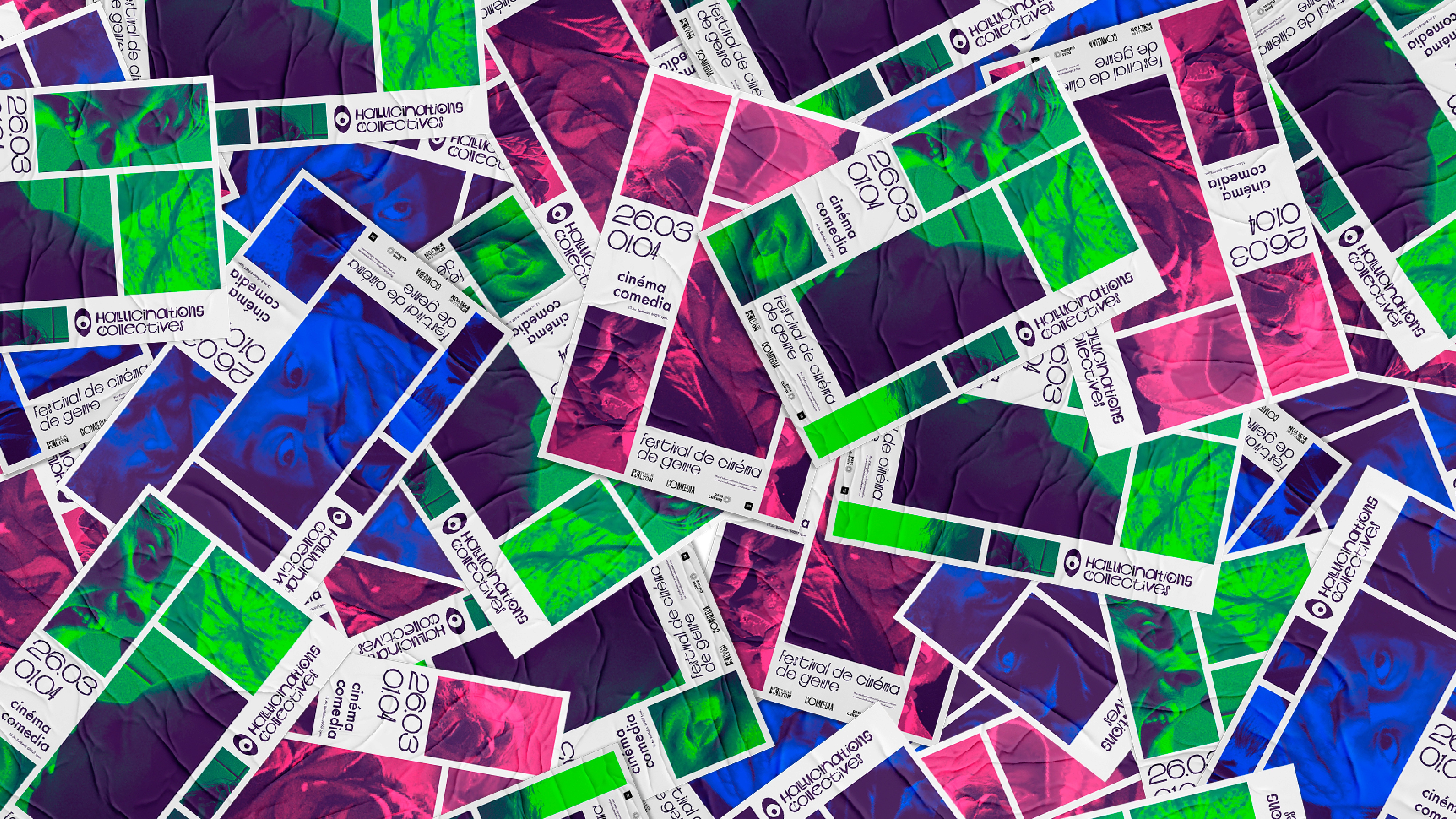 Cette image regroupe plusieurs affiches du festival Hallucinations Collectives, mettant en avant un design audacieux et contemporain. Les couleurs vibrantes et les motifs organiques s'entrelacent, offrant une représentation visuelle saisissante qui attire l'attention. Une invitation à explorer le monde du cinéma sous un angle novateur.