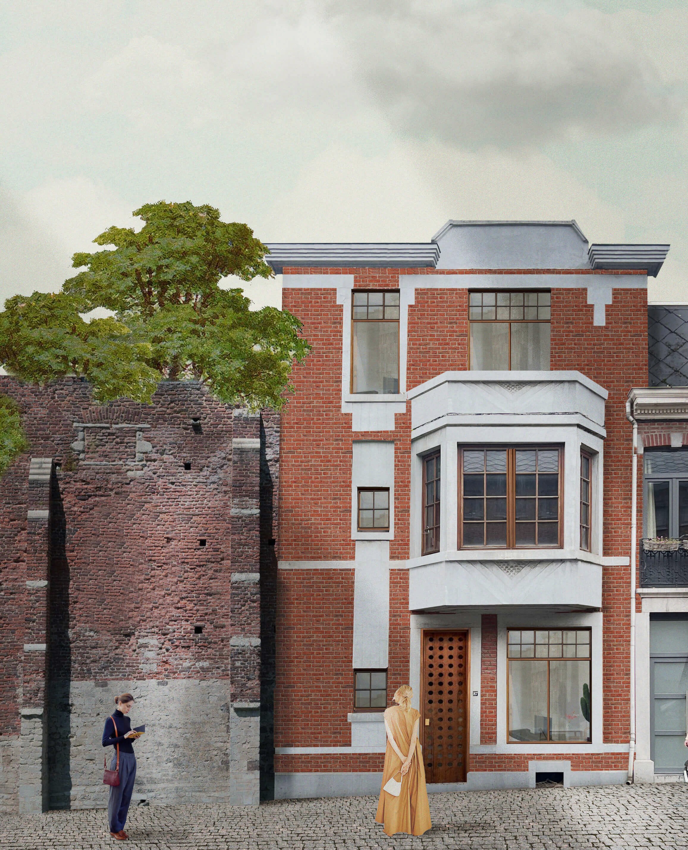 Architectural facade of a restored townhouse in Liège, showcasing red brick, classic white framing, and large windows. The setting is completed with cobblestone streets and a preserved castle wall