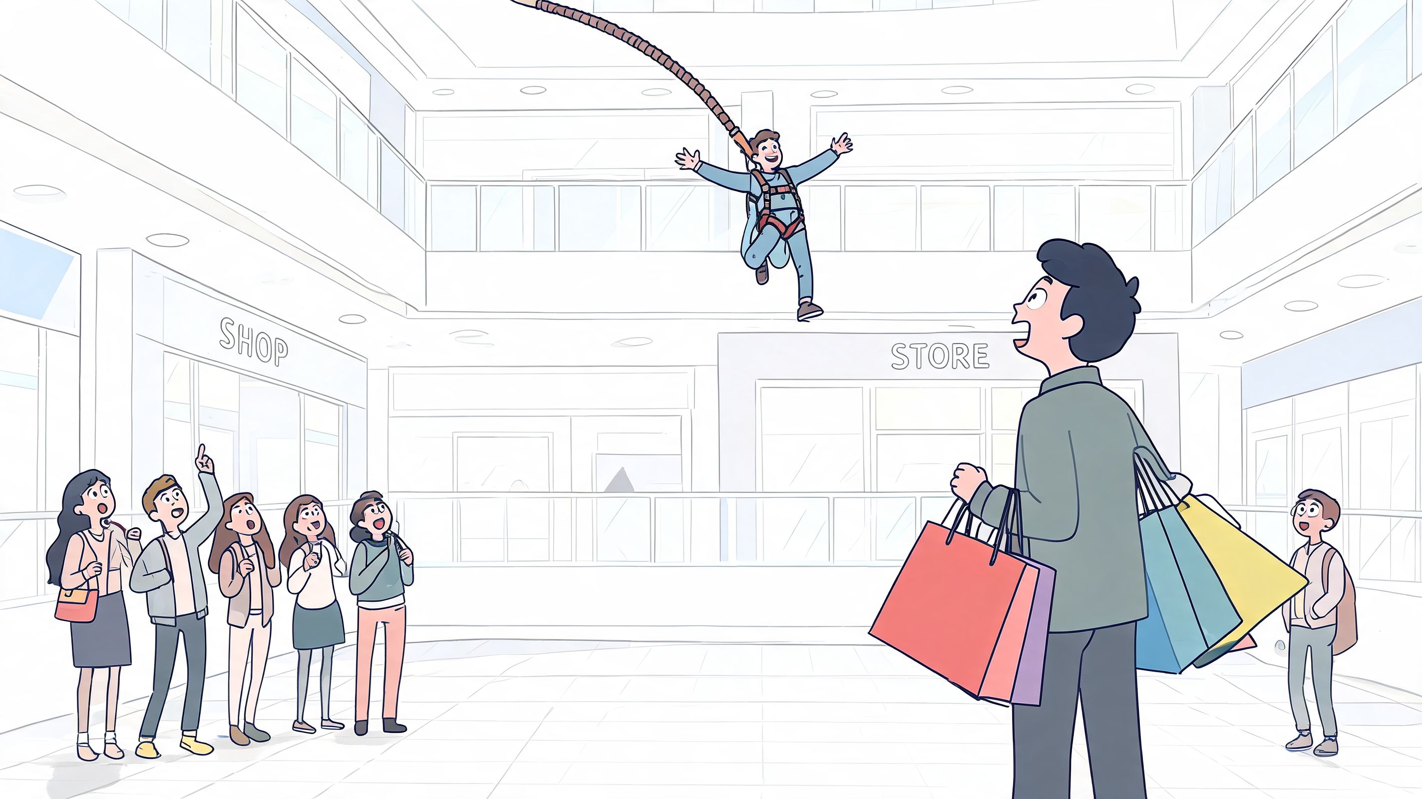 A person bungee jumping inside a shopping mall while shoppers look up in surprise and amazement.